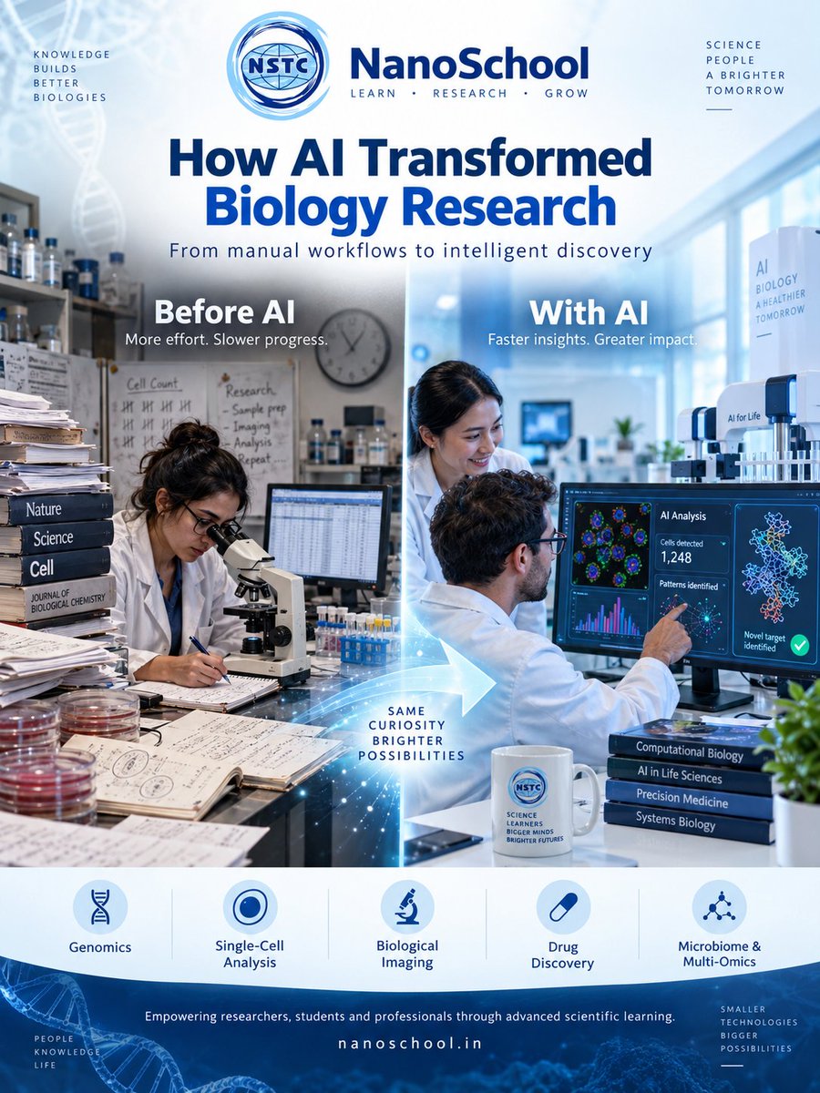 NSTC_2005's tweet photo. How AI Transformed Biology Research: From Manual Workflows to Intelligent Discovery
NanoSchool (Nano Science &amp; Technology Consortium) empowers students, researchers, faculty, and professionals through advanced learning
Website: [https://t.co/W8IqaCBJQo](https://t.co/W8IqaCBJQo) https://t.co/e5nM6LfWIQ