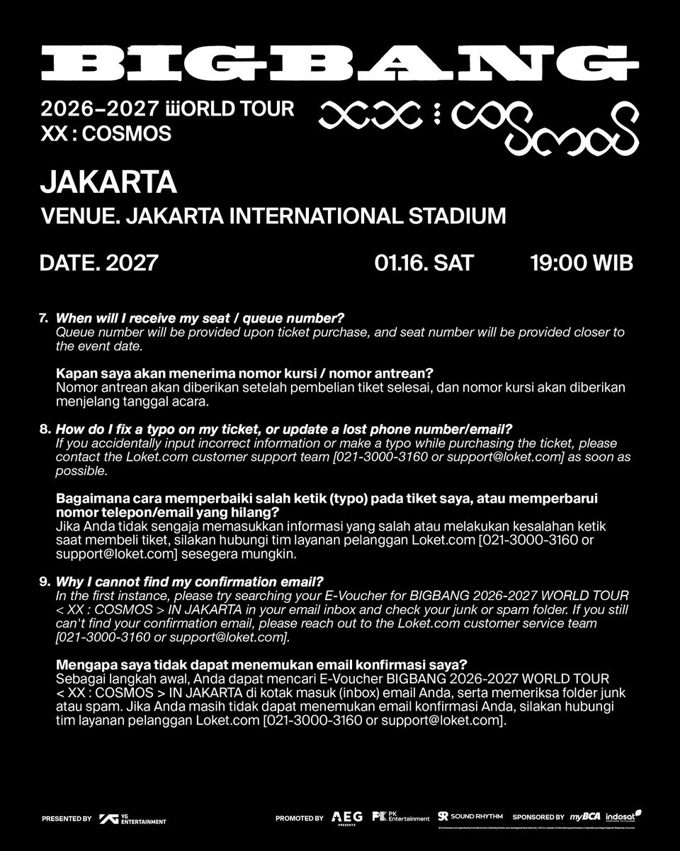 PKEnt_ID's tweet photo. [FREQUENTLY ASKED QUESTIONS] BIGBANG 2026-2027 WORLD TOUR < XX : COSMOS > IN JAKARTA.

Everything you need to know before the upcoming ticket sales. Check it out, V.I.P! ✨

📅 16 January 2027 (Sat)
📍 Jakarta International Stadium
🔗 https://t.co/Ju15wllkYz

🎟 BIGBANG V.I.P MEMBERSHIP PRESALE
17 Sept (Thu), 10AM to 11:59PM (Jakarta local time)

🎟 BCA PRESALE
18 Sept (Fri), 10AM to 11:59PM (Jakarta local time)

#BIGBANG #COSMOS_WORLD_TOUR #COSMOS_WORLD_TOUR_IN_JAKARTA #BIGBANG_IS_BACK #20thAnniversary #YG #PKEntertainment #AEGPresentsAsia
