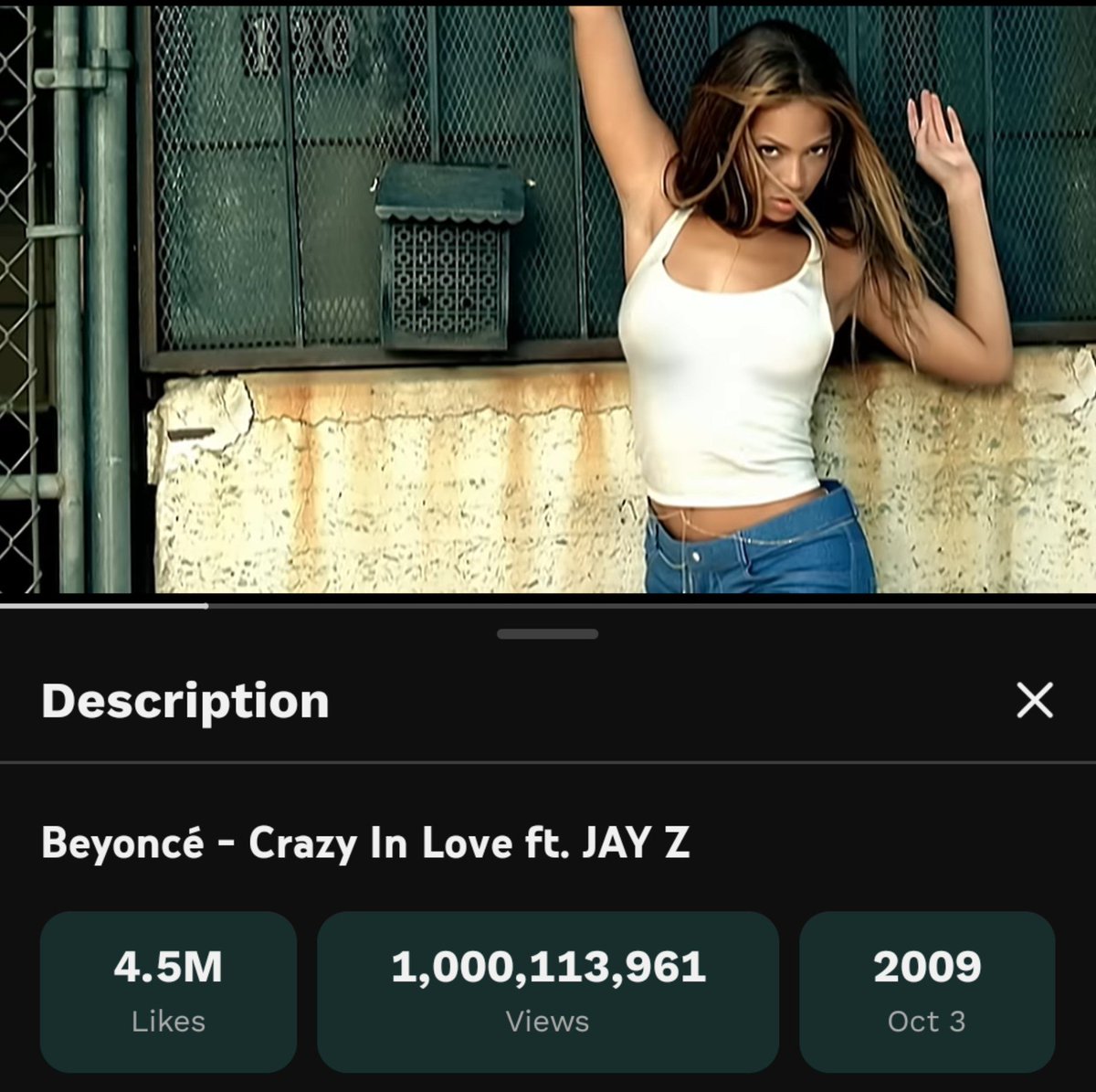beyoncepress's tweet photo. 🚨 Beyoncé's “Crazy In Love” music video has now surpassed 1 BILLION views on YouTube.

It's her 3rd video to surpass the milestone. https://t.co/FOxXE5byXl