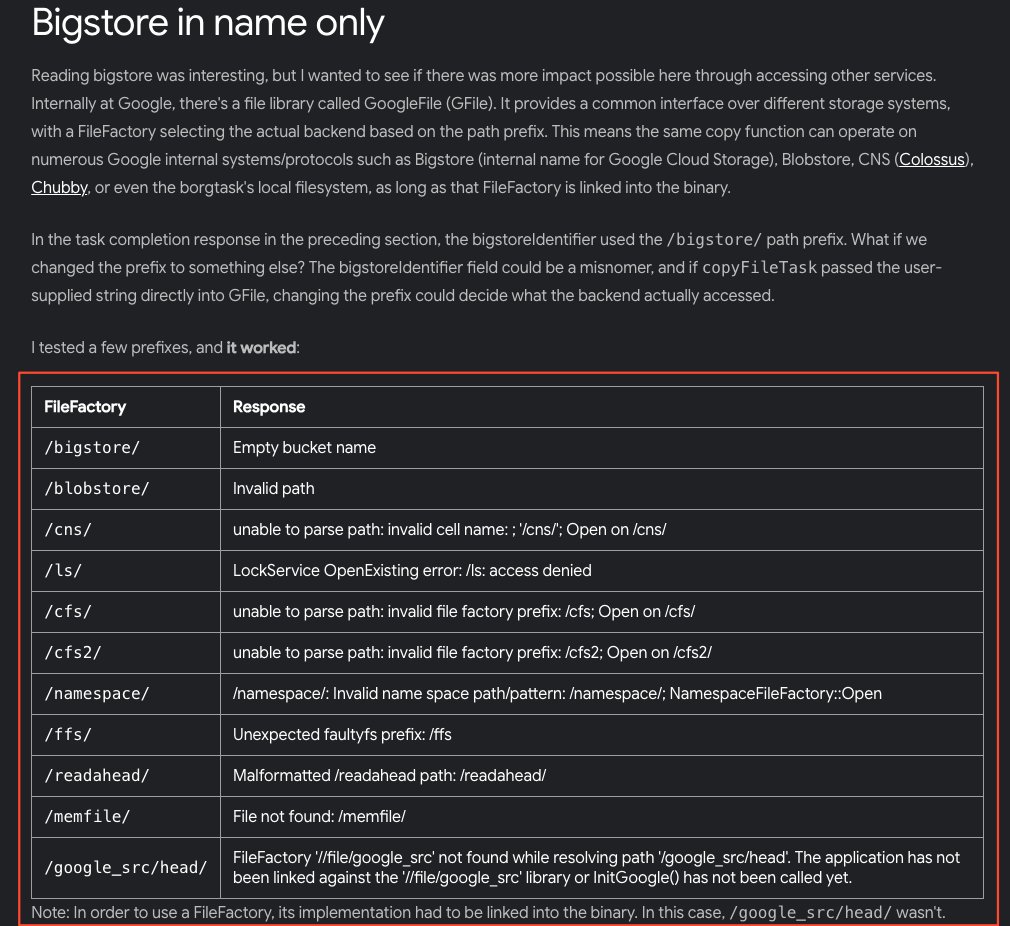 aacle_'s tweet photo. The $60k bug was an exploit. the extra $37,604 was pure recon. read this:

bug 1: internal Google API with NO permission checks

firefly-pa.googleapis[.]com

inside: a copy job → path A → path B.

problem? it stayed NEW forever. 🧱

so he found the worker callback that tells the scheduler “task complete” - with no caller verification.

called it himself:

{"taskId":"a030d1a000000000","status":{"status":"STATUS_COMPLETE_SUCCESS"}}
scheduler trusted him. job ran. 🚨
then bigstoreIdentifier turned out to accept more than Bigstore paths.

he tried:

[/]etc[/]passwd.borg

💥 millions of lines, including Google employee accounts.

Panel awards ⇢ $60,000

bug 2 ⇢ 3 days later 👀

that single idea paid $37,604 at Google.

the setup: an unauthenticated endpoint copies any file you name —

{"refFilename":"[/]etc[/]passwd"}

and on success returns {}. no filename, no path. the file is right there, but invisible.

what he did instead of giving up:

→ sent [/]etc[/]shadow instead. it FAILS, and the failure leaks the full destination path + filename format

→ wrapped the hidden copy in a /batch request, pinning everything to the same server

→ read the neighboring filenames from the failures — consecutive worker IDs, one gap. that gap was his file

→ interpolated the timestamps, predicted the cycle counter, streamed 771,000 candidates

the server confirmed the exact path. then he read it with his other bug ($60k one):

root:x:0:0:root:/root:/bin/bash ⚡

Panel awards $37,604.40