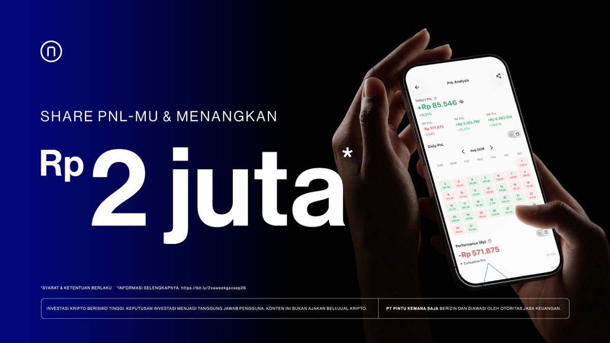 PintuID's tweet photo. Sore Teman Pintu!

Ada total hadiah Rp2.000.000 dalam bentuk NVDAX untuk 20 orang beruntung yang share kalender PnL-nya! 🎉

Cara ikutan:
1️⃣ Like, repost, dan save konten giveaway ini
2️⃣ Reply dengan screenshot kalender PnL-mu (boleh disensor angkanya kalau nggak nyaman)
3️⃣ Sertakan hashtag #AplikasiPintu pada setiap jawabanmu
4️⃣ Pastikan akun X-mu public (tidak di-private) agar reply kamu dapat kami lihat
5️⃣ Daftarkan dirimu di formulir berikut ini: https://t.co/C7e2OaaRAk

Pemenang giveaway ini dan giveaway-giveaway lain di bulan ini bakal diumumkan bareng pada 2 Oktober 2026 🚀

Informasi mekanisme dan S&K selengkapnya dapat dibaca di sini: https://t.co/GjIsr0dTsD

Semoga beruntung ya! 😉