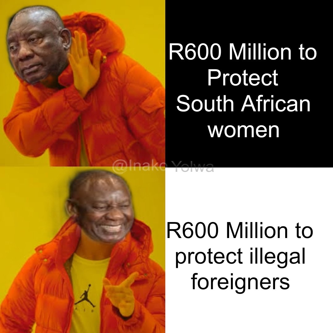 Inako_Yolwa's tweet photo. South African women get speeches.

Illegal foreigners get R600 million.
Ramaphosa must step down https://t.co/hGYpthnDS0
