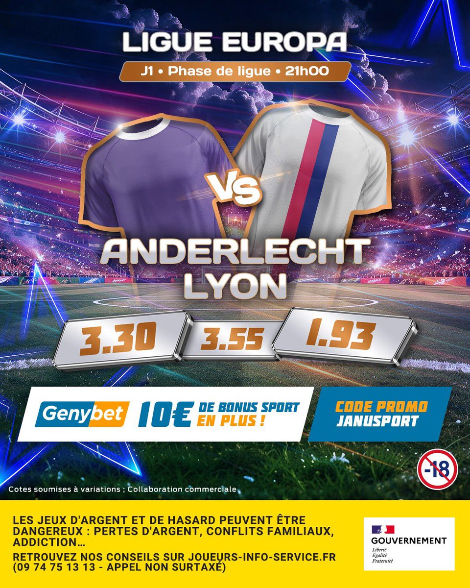 Janusport's tweet photo. ⚽️ 5x10€ À GAGNER

🏆 Qui gagne : ANDERLECHT, LYON ou N ?

♥️ RT + follow @Janusport &amp; @Genybet_Sport 

🎁 10€ sport + bonus max + accès au Discord à vie pour toute création de compte via notre lien : https://t.co/iqPu3jRWvP 👈 https://t.co/CnpN0nbqCf