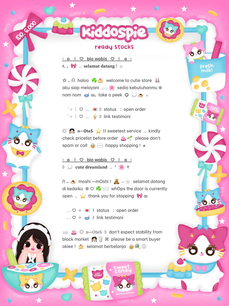 Cinnamoruoll's tweet photo. ⠀
ʚ  🌸  ⋮⋮  help retweet?  tysm  ౿ ⊹ 𓈒 

𓎟 ₊  💭🥣  haloo teman—timun ! ˚ 🐇 ⸝⸝  sherin bawain wording ready stock 🍮☘️ 𖣠 ♡  . .  ꒰ 4 bio wabis ꒱ ⊂⊃ 🍭 𓐍 with price IDR. 6.000  🧁🎀  യ₊ reply or dm for order ミ ☀️ ⑅ Ი 

    ◎⠀..⠀⟡ 💌  𓄹 #bealanja  ៶៸ https://t.co/fkT6fWiqIG