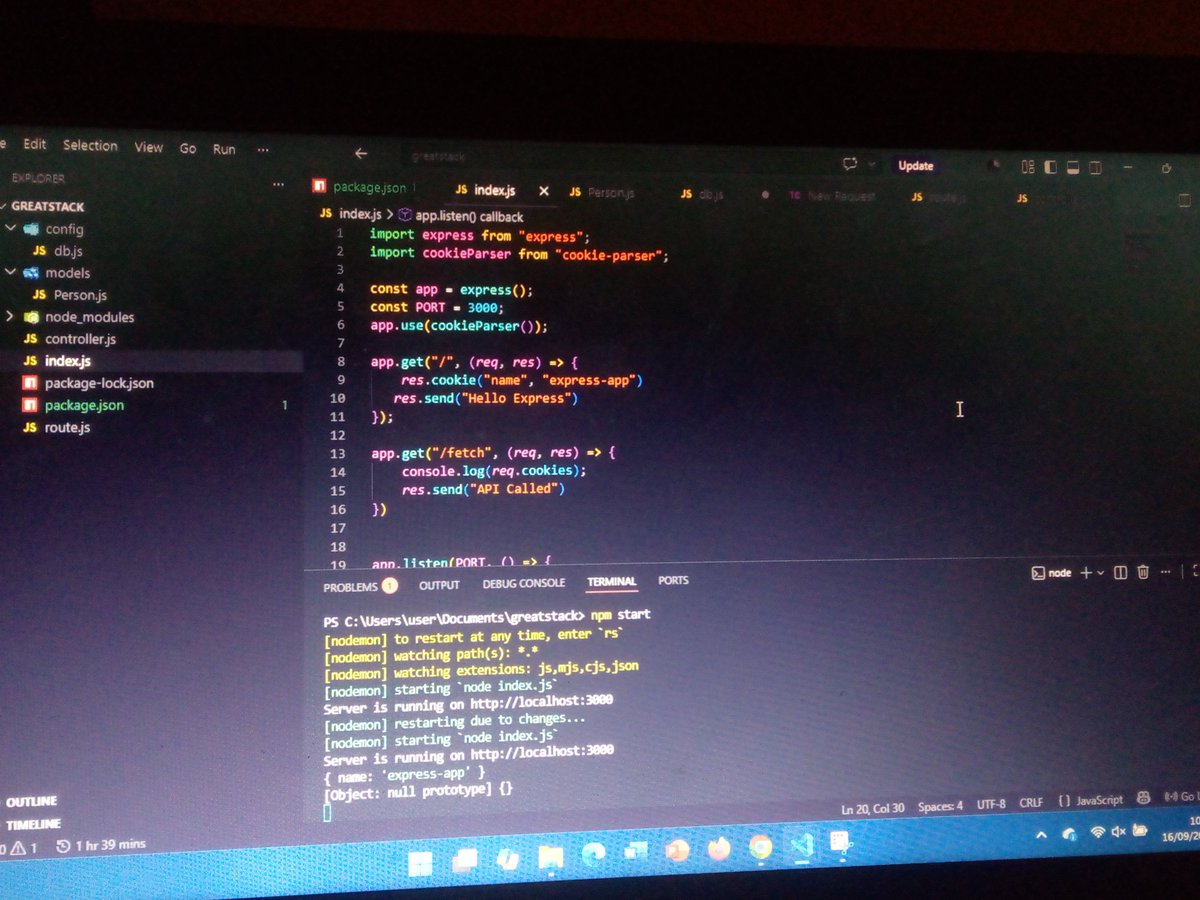 olamidepauk's tweet photo. Almost done with my express JS course and I really like how it's going so far frrr! Learnt about Databases where data is being stored, schemas where you define the properties of your documents and also getting to learn about Sessions and cookies 🚀. https://t.co/BylWgvdXiw