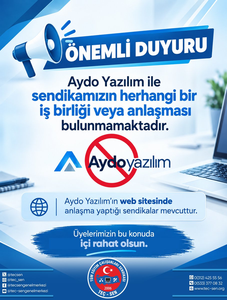 tecsen's tweet photo. Üyelerimizin gizliliği ve kişisel verilerinin güvenliği bizim için önemlidir.

TEÇ-SEN  olarak üyelerimizin bilgilerini ve güvenliğini korumayı temel sorumluluklarımızdan biri olarak görüyoruz.

Bu doğrultuda açıkça belirtmek isteriz ki; Aydo Yazılım ile sendikamızın herhangi bir iş birliği, anlaşması veya veri paylaşımı bulunmamaktadır.

Üyelerimizin bu konuda içi rahat olsun.