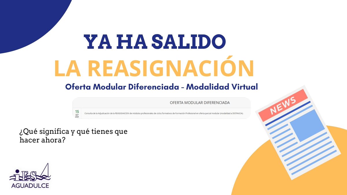 IESaguadulce's tweet photo. Ayer se publicó la reasignación de módulos en la Oferta Modular Diferenciada en modalidad virtual en Secretaría Virtual.
Si te han adjudicado algún módulo, debes formalizar tu matrícula en la Secretaría Virtual tan pronto como el trámite esté disponible: https://t.co/eRQNqFeGE4 https://t.co/0WmnzDZrKO