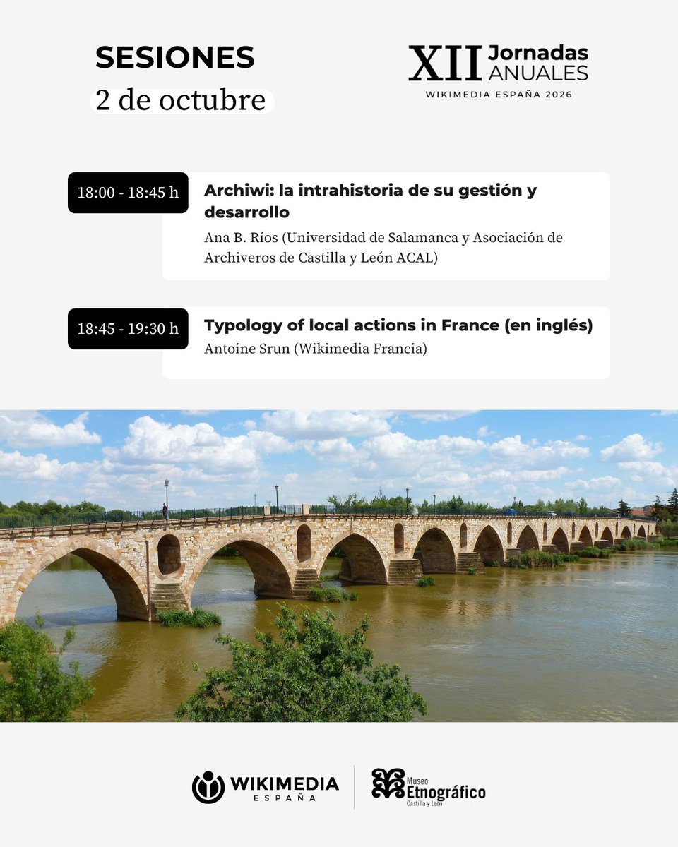 wikimedia_es's tweet photo. #WMES2026 | ⏳ ¡Últimos días para inscribirse!
.
Del 2 al 4 de octubre, nos encontramos en Zamora para compartir proyectos y experiencias sobre conocimiento libre.
.
🏛️ Patrimonio, cultura y memoria
🤝 Comunidades, participación y acceso
🤖 Tecnología, datos e IA https://t.co/wCeGn07ElR