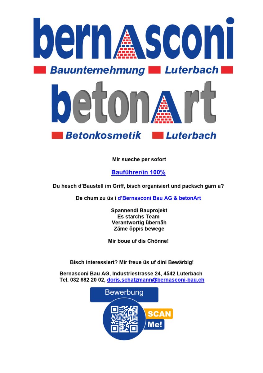 BernasconiAg's tweet photo. Mir sueche e Bauführer/in, wo au bi Gegenwind Kurs hält!

#jobs #bau #luterbach #karriere#region solothurn# https://t.co/TX9WHIMZdS