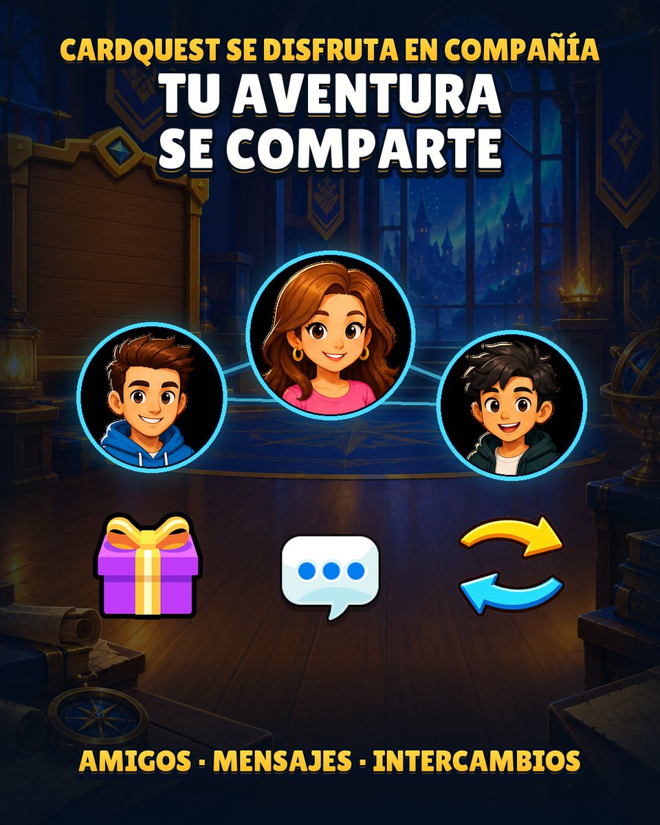 CardQuest_Game's tweet photo. La aventura también se comparte. 🤝 Añade amigos, chatea, regala cartas e intercambia tus repetidas para completar álbumes. 💬🎁🔄🎴

¿A quién invitarías a CardQuest? 👀

#CardQuest #IndieGame https://t.co/dq9Fc6Ui15