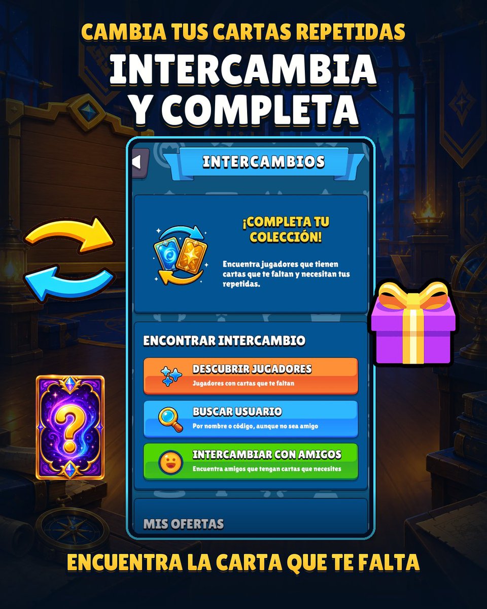 CardQuest_Game's tweet photo. La aventura también se comparte. 🤝 Añade amigos, chatea, regala cartas e intercambia tus repetidas para completar álbumes. 💬🎁🔄🎴

¿A quién invitarías a CardQuest? 👀

#CardQuest #IndieGame https://t.co/dq9Fc6Ui15