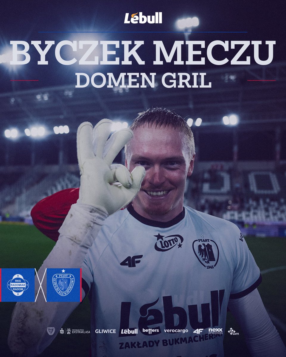 PiastGliwiceSA's tweet photo. Trzecie czyste konto z rzędu w @_Ekstraklasa_ ✅⛔️
Domen Gril został wybrany Byczkiem meczu #RADPIA! 🔥
@LebullPl https://t.co/xjTICuDRfK