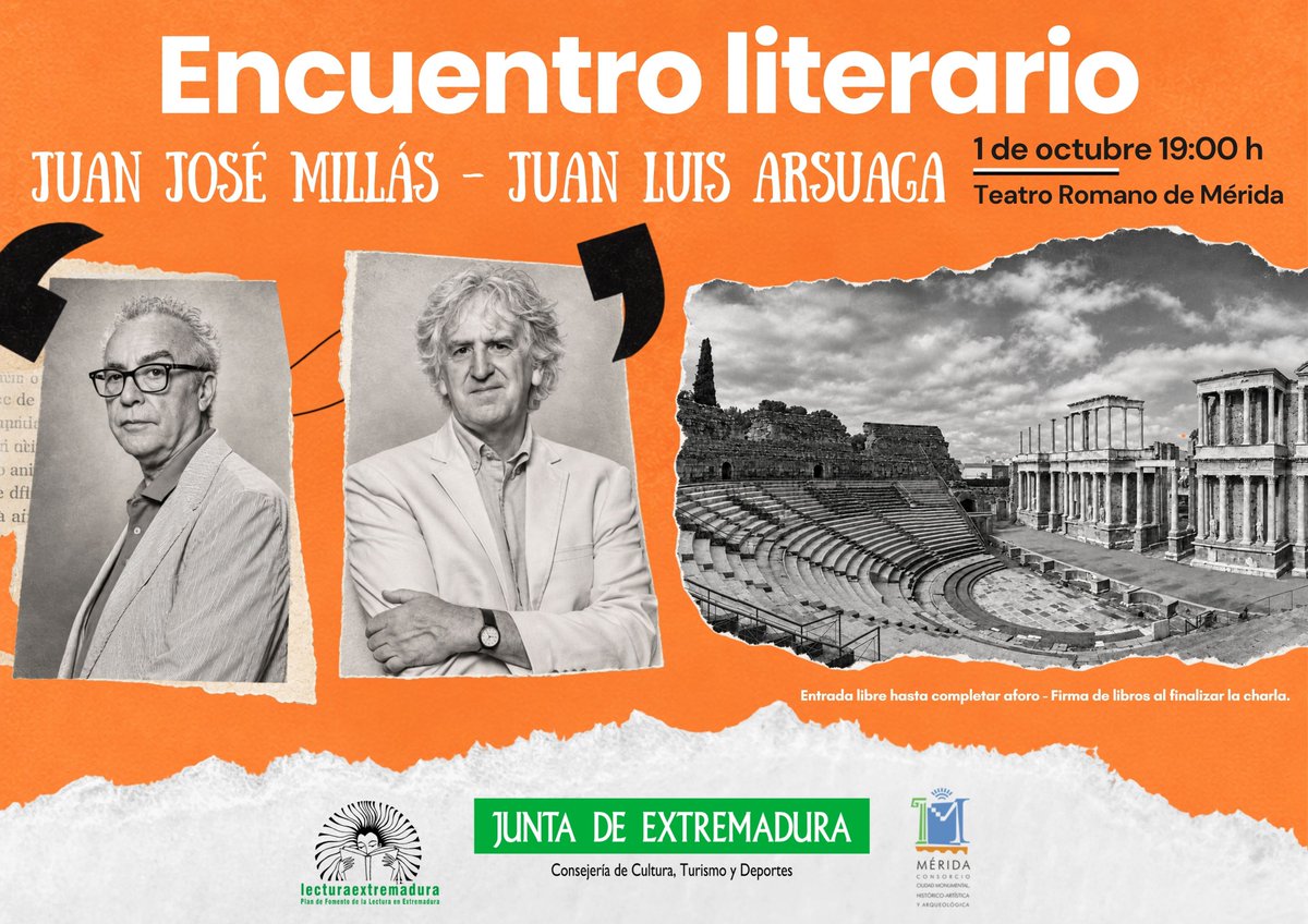cultura_EXT's tweet photo. 📚Juan Luis Arsuaga y Juan José Millás protagonizarán el 1 de octubre, a las 19:00 h, en el Teatro Romano de Mérida una nueva edición de #PalabrasMayores.

Entrada libre hasta completar aforo y firma de ejemplares al finalizar.

Más info: https://t.co/kp1klwbwHt https://t.co/H6ABi2iDzt
