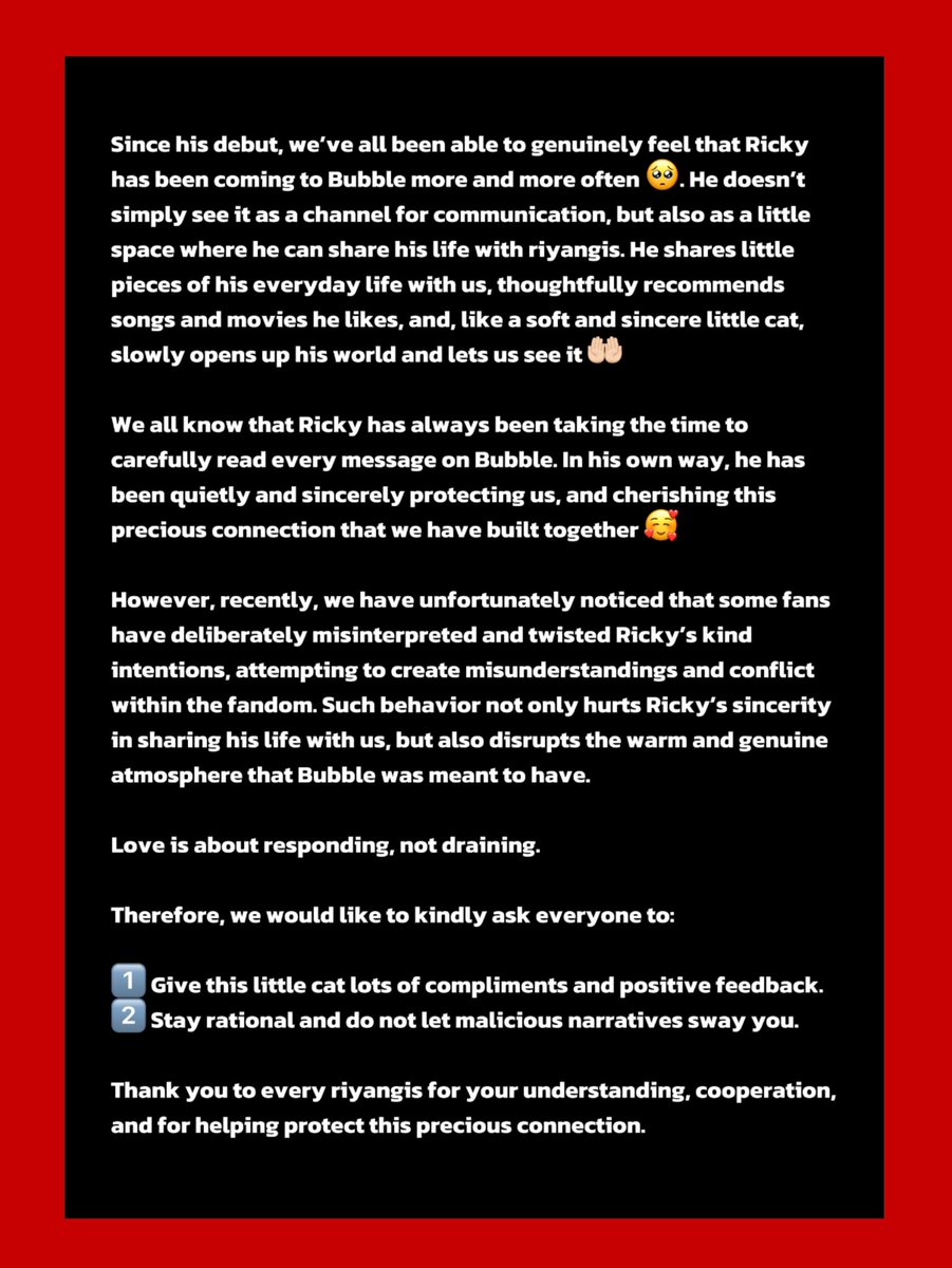 petrichor_0520's tweet photo. Reject Malicious Interpretations of Ricky’s Bubble Messages and Call for Rational Fan Support

Thank you all for your understanding and cooperation🥰

#리키 #RICKY #リッキー #沈泉锐 https://t.co/9gO3sC0rEz