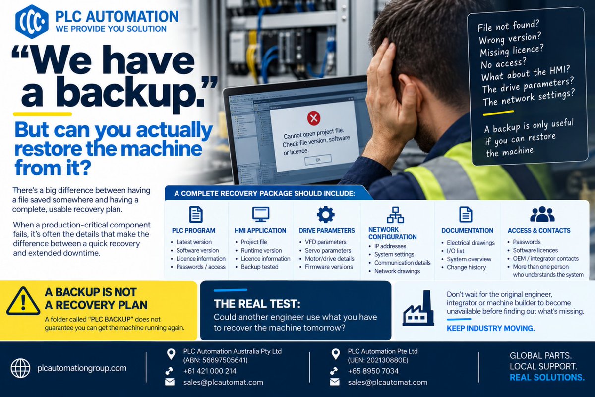 plcautomation_'s tweet photo. “We have a backup.”

But can you actually restore the machine?

Wrong version?
Missing licence?
No password?
No HMI file?
No drive parameters?
No network settings?
The real test:
Could another engineer recover the machine tomorrow using what you have?
A backup ≠ a recovery plan. https://t.co/vI0aa16FA2