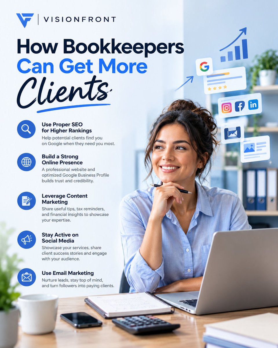 visionfront_ai's tweet photo. Bookkeepers: being great at bookkeeping is only half the battle.

Potential clients need to find you, trust you, and remember you.

SEO + online presence + content + social media + email marketing can keep your business visible.

What part of marketing takes up most of your time? https://t.co/Bz42thDTD5