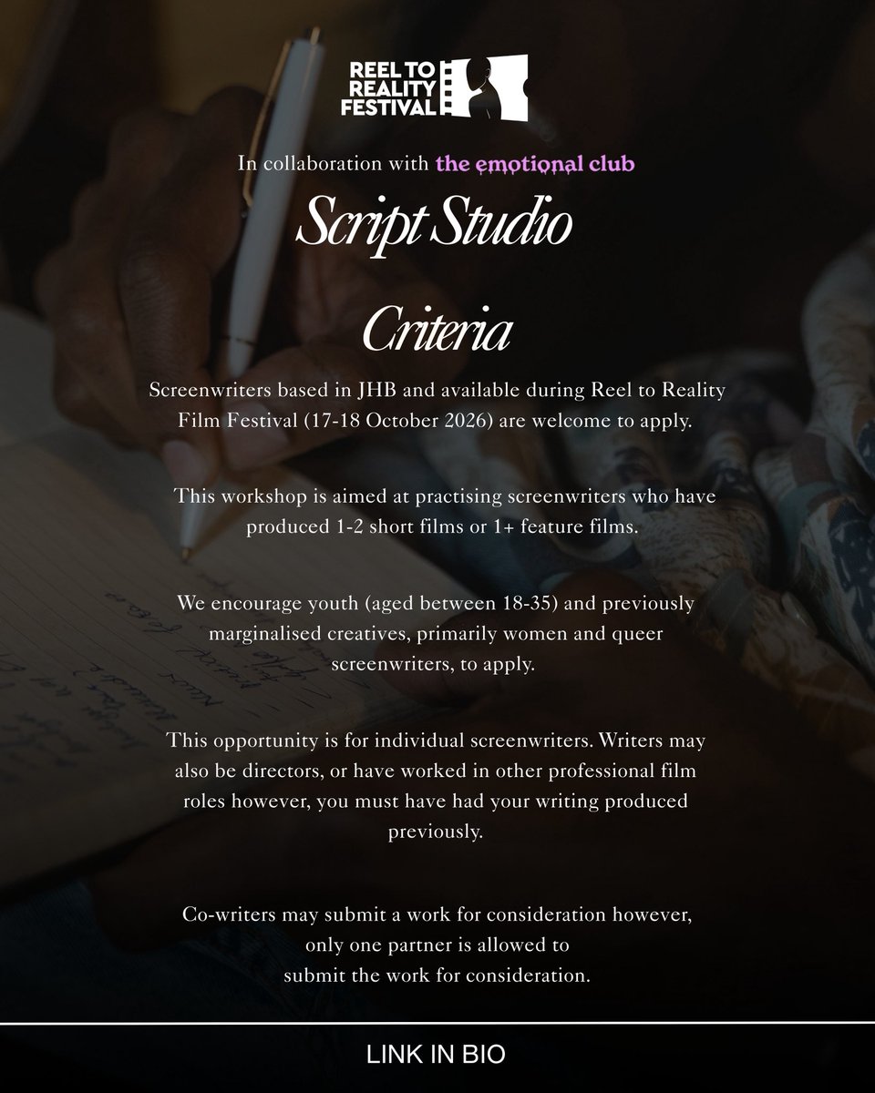 bhlvisuals's tweet photo. Reel to Reality Film Festival is proud to announce a special screenwriting workshop in collaboration with The Emotional Club. 

Script Studio offers emerging screenwriters feedback on work-in-progress scripts from industry mentors and practicing peers.

Link in Bio🔗 to sign up. https://t.co/LghRXNix36