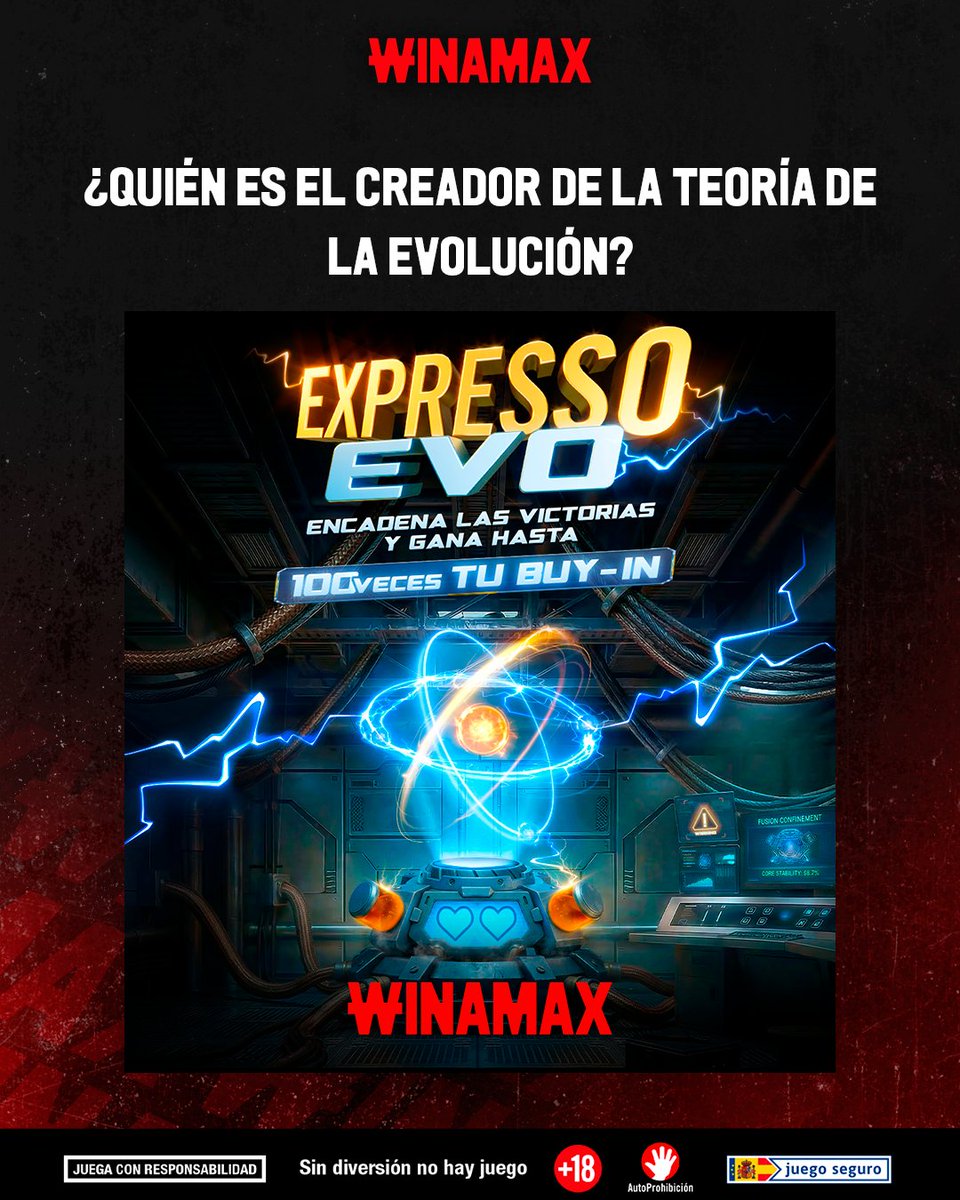 Winamax_Espana's tweet photo. 🎁 ¡SORTEAMOS UN TICKET DE 20 €!

🧬 El Expresso Evo está de vuelta en Winamax y te preguntamos: ¿Quién es el creador de la teoría de la evolución? 

🔁 Síguenos + RT + Responde + Nick Winamax. 

 Reglamento 👉 https://t.co/9z6YFTXyCi https://t.co/bB9oIagJt5