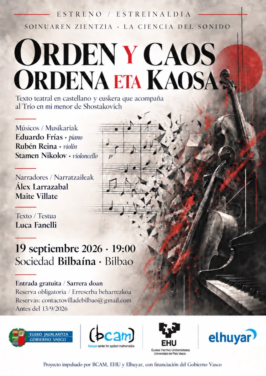 BCAMBilbao's tweet photo. Este sábado 19 de septiembre hay una gran cita en la Sociedad Bilbaína con 🎶 Orden y Caos | La Ciencia del Sonido 🎶

Texto teatral en castellano y euskera que acompaña al Trío en mi menor de Shostakovich. 

🕖 19:00 https://t.co/bcP5VvUm6s