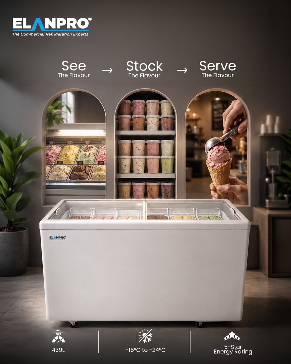 elanpro_'s tweet photo. Summer is for colourful choices and one more scoop. 
With a flat glass top, the EKG 505 AG puts every flavour in sight while 439L capacity and -16°C to -24°C freezing keep your stock ready for the rush.

#Elanpro #CommercialRefrigeration #IceCreamFreezer #FrozenStorage https://t.co/mc0pY2NjlW