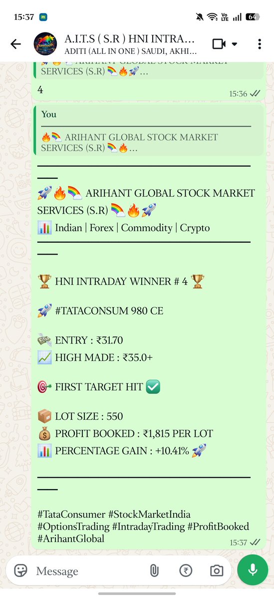 AITSSURESHOT's tweet photo. ๐ HNI INTRADAY WINNER # 4 ๐
๐ #TATACONSUM 980 CE
๐ธ ENTRY : โน31.70
๐ HIGH MADE : โน35.0+
๐ฏ FIRST TARGET HIT โ
๐ฆ LOT SIZE : 550
๐ฐ PROFIT BOOKED : โน1,815 PER LOT
#TataConsumer #StockMarketIndia #OptionsTrading #IntradayTrading #ProfitBooked #ArihantGlobal https://t.co/3dICrFe1LZ