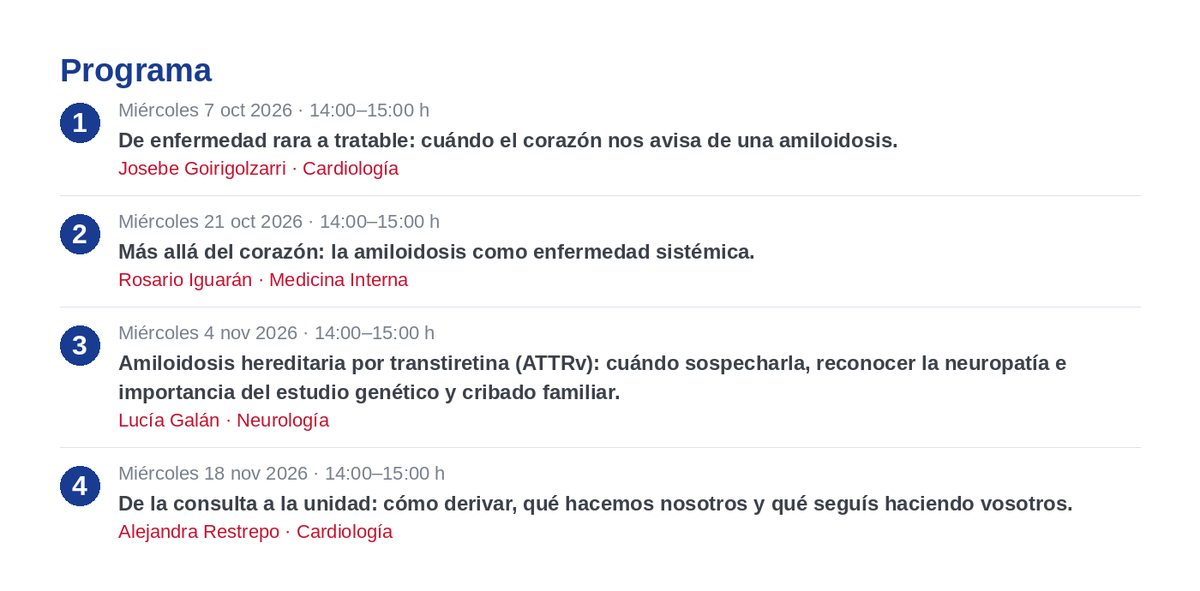 CardioRed1's tweet photo. 📣 Nueva Escuela de Amiloidosis ATTR - formación online para toda la red asistencial.

🎓 4 sesiones · miércoles del 7 oct al 18 nov · 14:00 h

🔗 https://t.co/CkmxqzfceG

👇 En la imagen, el programa completo con ponentes y fechas. https://t.co/mrhkzevg47