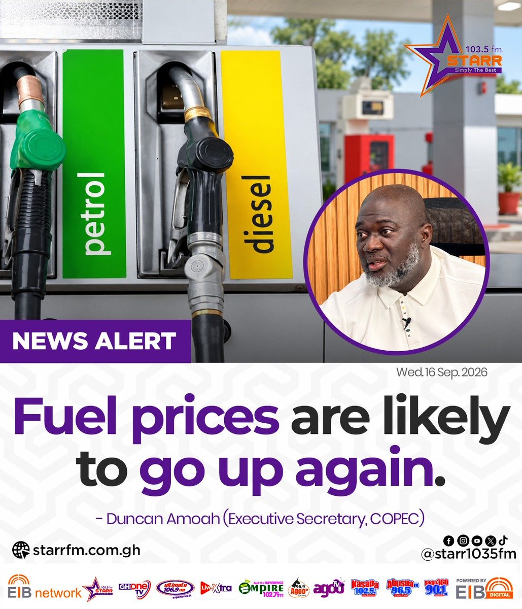 ghonetv's tweet photo. Fuel prices are likely to go up again... - Duncan Amoah (Executive Secretary, COPEC)

#StarrFM
#EIBNetwork #GHOneTV 
#GHOneNews #NewsAlert https://t.co/BvIWbZwDAa