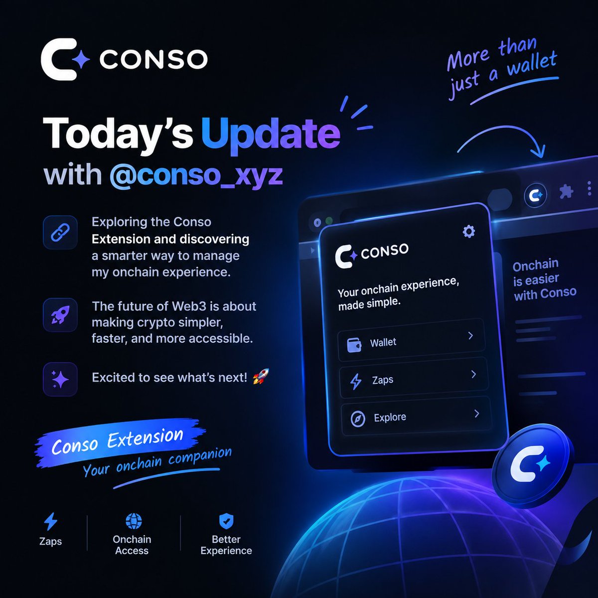 mafieaminhaj's tweet photo. Today's update with @conso_xyz ⚡

Exploring the Conso Extension and discovering a smarter way to manage my onchain experience.

The future of Web3 is about making crypto simpler, faster, and more accessible. 🌐

Excited to see what's next! 🚀

#Conso #Web3 #Crypto #Zaps https://t.co/NaOopelTGs
