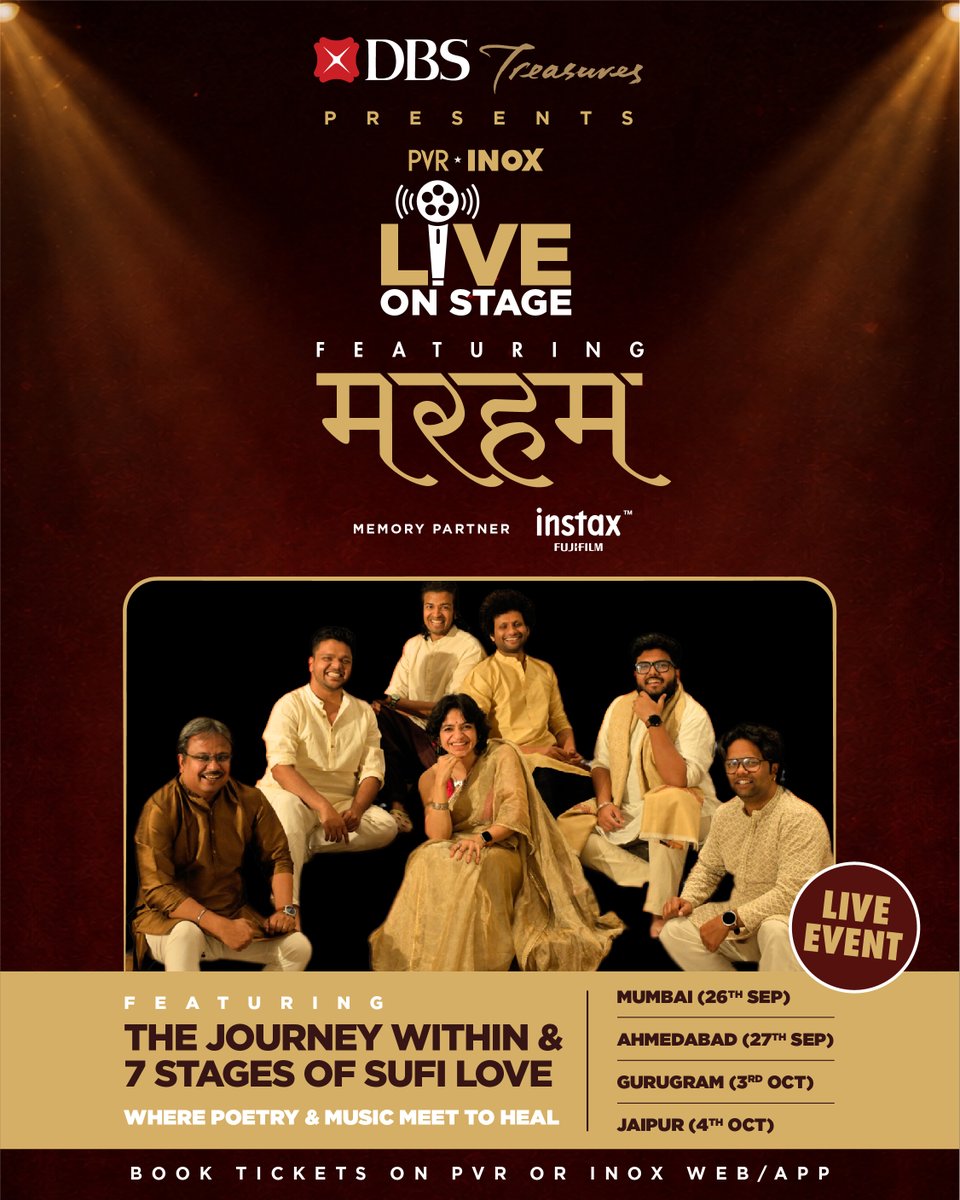 _PVRCinemas's tweet photo. Where poetry finds its melody and emotions find their voice. 🕊️
Come experience an evening that speaks straight to the soul. 🎶✨
Marham brings an immersive LIVE celebration of Sufi love to PVR INOX cinemas across four cities. 

📍MUMBAI - 26th September | The Journey Within
📍AHMEDABAD - 27th September | 7 Stages of Sufi Love
📍GURUGRAM - 3rd October | The Journey Within
📍JAIPUR - 4th October | 7 Stages of Sufi Love

Book now: https://t.co/VkfvX5O0t7
.
.
.
#PVRINOX #LiveOnStage #Marham #MarhamLive #PoetryMusical