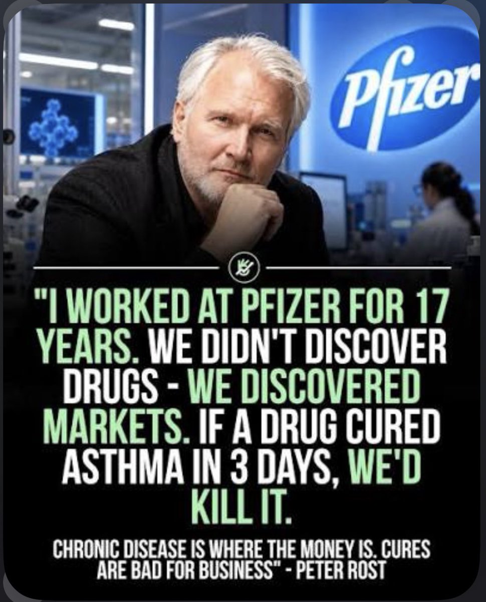 TrutherNewsWire's tweet photo. “We didn't discover drugs, we discovered markets. If a drug cured asthma in 3 days, we would eliminate it. Chronic diseases are where the money is. Cures are bad for business." Peter Rost, who spent 17 years at Pfizer, just lifted the curtain on a system designed to keep you sick https://t.co/78GOVBXmil