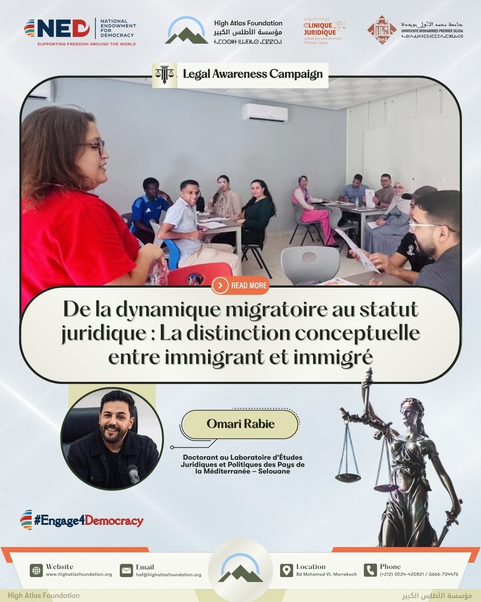 AtlasHigh's tweet photo. "Le droit est une science du mot." ⚖️ How does Moroccan law define immigration status? PhD candidate Omari Rabie breaks down the legal distinction between immigrant &amp; immigré.

🔗 Read: 
https://t.co/pOzcrUD6EP

#Engage4Democracy #Oujda #UMPOujda #NEDemocracy #HAF https://t.co/J3bGyjOMRo