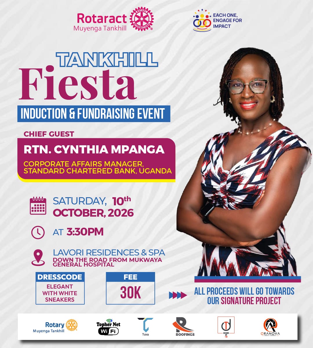 RAC_Tankhill's tweet photo. Tankhill Fiesta 🎉💛– Fundraiser &amp; Induction

📆Sat 10 Oct | ⏱3:30PM |
📍Lavori Residence &amp; spa 

Dress: Elegant + white sneakers👟
Fee: 30k to our signature project

Chief Guest: Rtn. Cynthia Mpanga (Standard Chartered | RC Muyenga Tankhill)

#TheTankhillers #RACMuyengaTankhill https://t.co/2R8mLuAXGQ