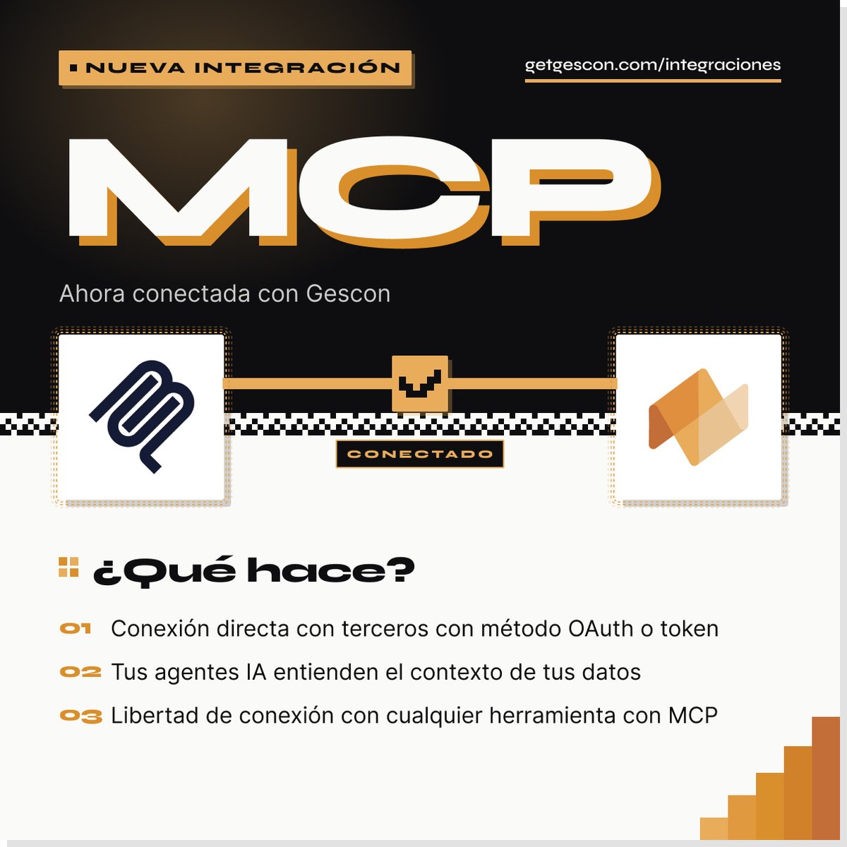 getgescon's tweet photo. Nueva integración: MCP 🔌

Ya conectabas Gescon por SQL y API. Ahora sumamos un estándar más: MCP.

La vía nativa para conectar con cualquier herramienta que lo hable. Un mundo de conectividad especializada para la IA.

𝗧𝘂 𝘀𝗶𝘀𝘁𝗲𝗺𝗮, 𝘁𝘂𝘀 𝗿𝗲𝗴𝗹𝗮𝘀.

+info 👇 https://t.co/QcxP8C1006