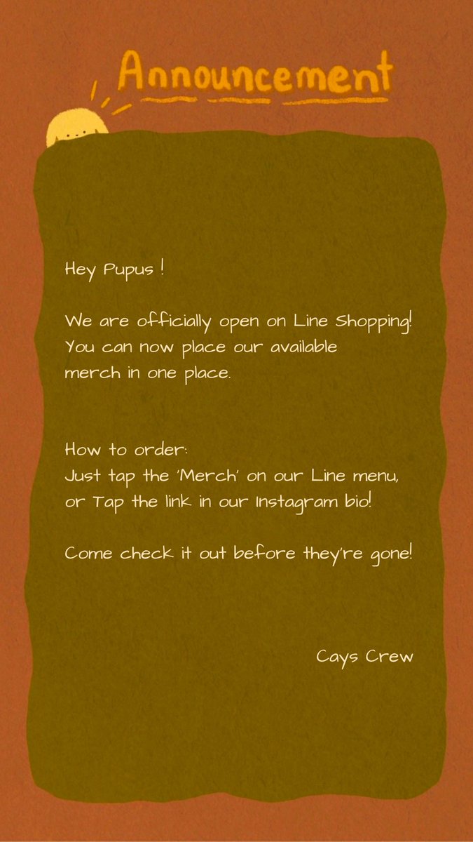 caysishere's tweet photo. Calling all Pupu! 💌 

Our merch shop is officially live on Line Shopping!

Tap to check it out!
https://t.co/XA7gW2mOBy

#caysroom #autumnwithcays #cayslittlelight https://t.co/69W2gKTJFR