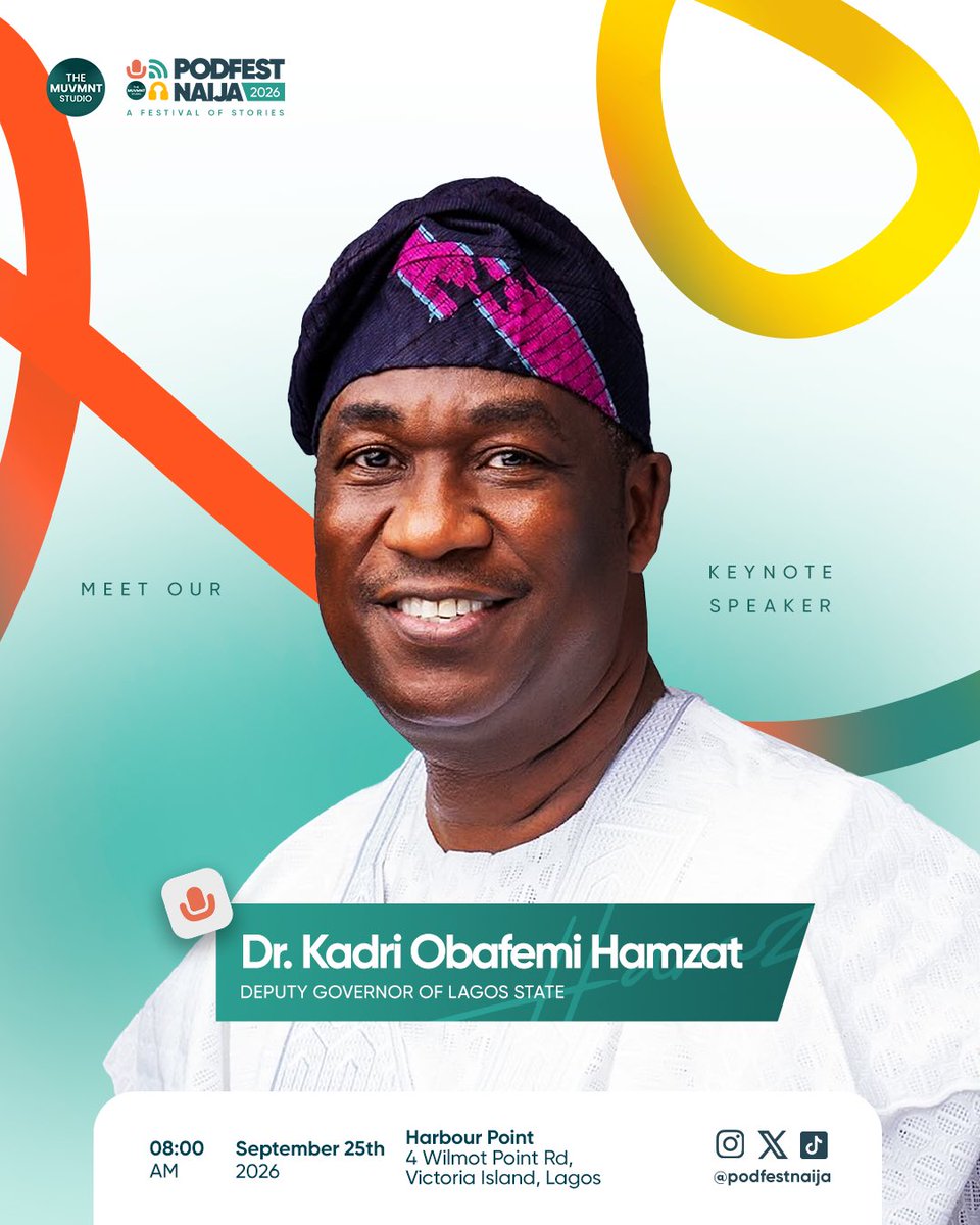 PodfestNaija's tweet photo. MEET OUR KEYNOTE SPEAKER!🥳🎉

We’re thrilled to announce @drobafemihamzat as Keynote Speaker at PodFest Naija 2026.💃🏽

Registration is compulsory as seats are limited.

https://t.co/33YgYFydBD

Don’t wait until it’s too late to secure your spot!

📅 Friday, 25 September 2026 https://t.co/wTgNK6hMsu