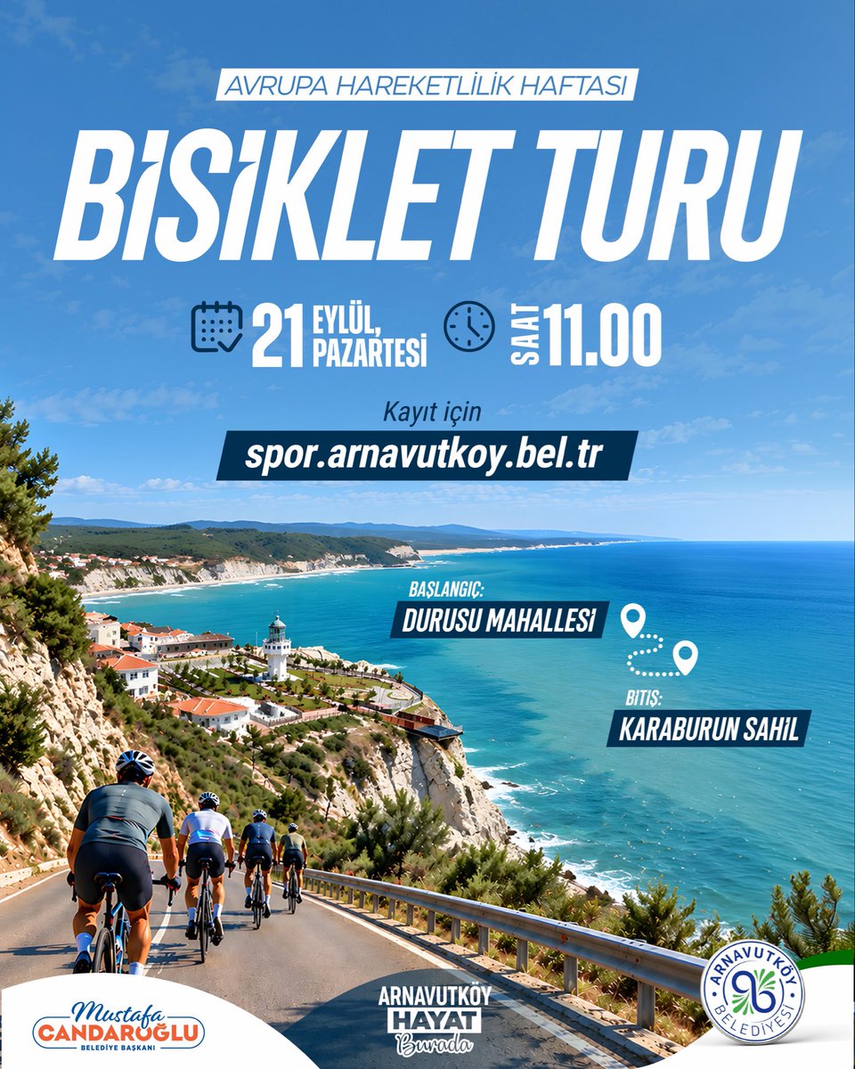ArnavutkoyBel's tweet photo. 🚴 Avrupa Hareketlilik Haftası kapsamında pedal çeviriyor, hareketli ve sağlıklı bir yaşam için buluşuyoruz!

📅 21 Eylül Pazartesi
⏰ 11.00
📍 Başlangıç: Durusu Mahallesi
🏁 Bitiş: Karaburun Sahili

🔗 Kayıt: https://t.co/BGPzrvn4kj

#ArnavutköyHayatBurada
#MustafaCandaroğlu https://t.co/S0uDNIF9ZS