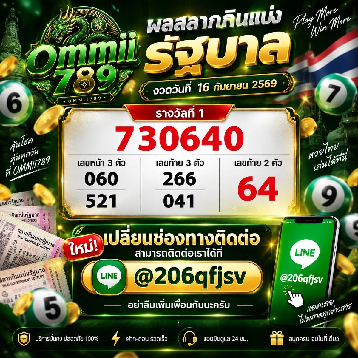 ommii789's tweet photo. 📣 ประกาศผลสลากกินแบ่งรัฐบาล
 งวดวันที่ 16 กันยายน 2569 🎉
🏆 รางวัลที่ 1 — 730640
 🔢 เลขหน้า 3 ตัว — 060 / 521
 🔢 เลขท้าย 3 ตัว — 266 / 041
 🔥 เลขท้าย 2 ตัว — 64
และขอแจ้ง เปลี่ยนช่องทางติดต่อใหม่ 💚
 LINE ใหม่ 👉 @206qfjsv
https://t.co/FRMO2HIdal https://t.co/PTRqDx8KIN