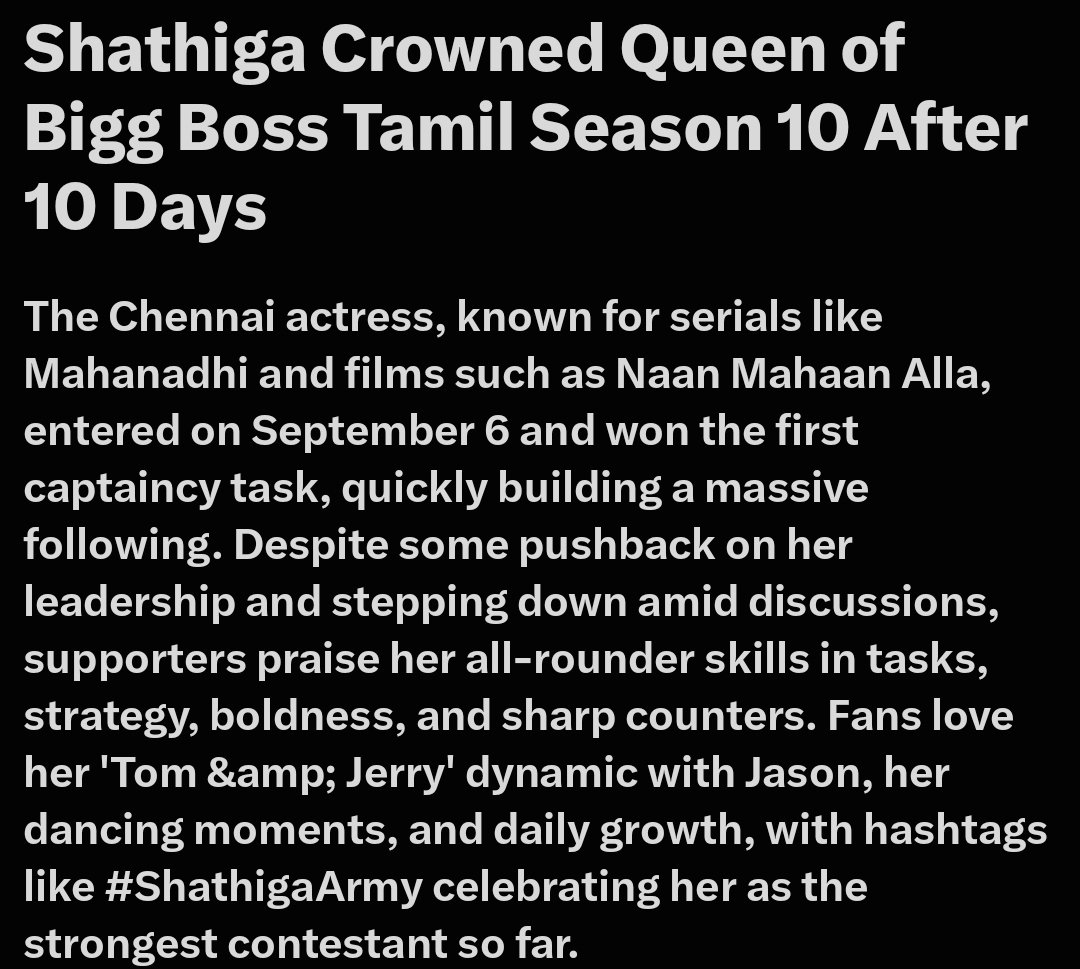 riyatwitz's tweet photo. Queen of Biggboss tamil 👑💥📈

#BiggBossTamil10 #Shathiga https://t.co/1fJ7OWky2W