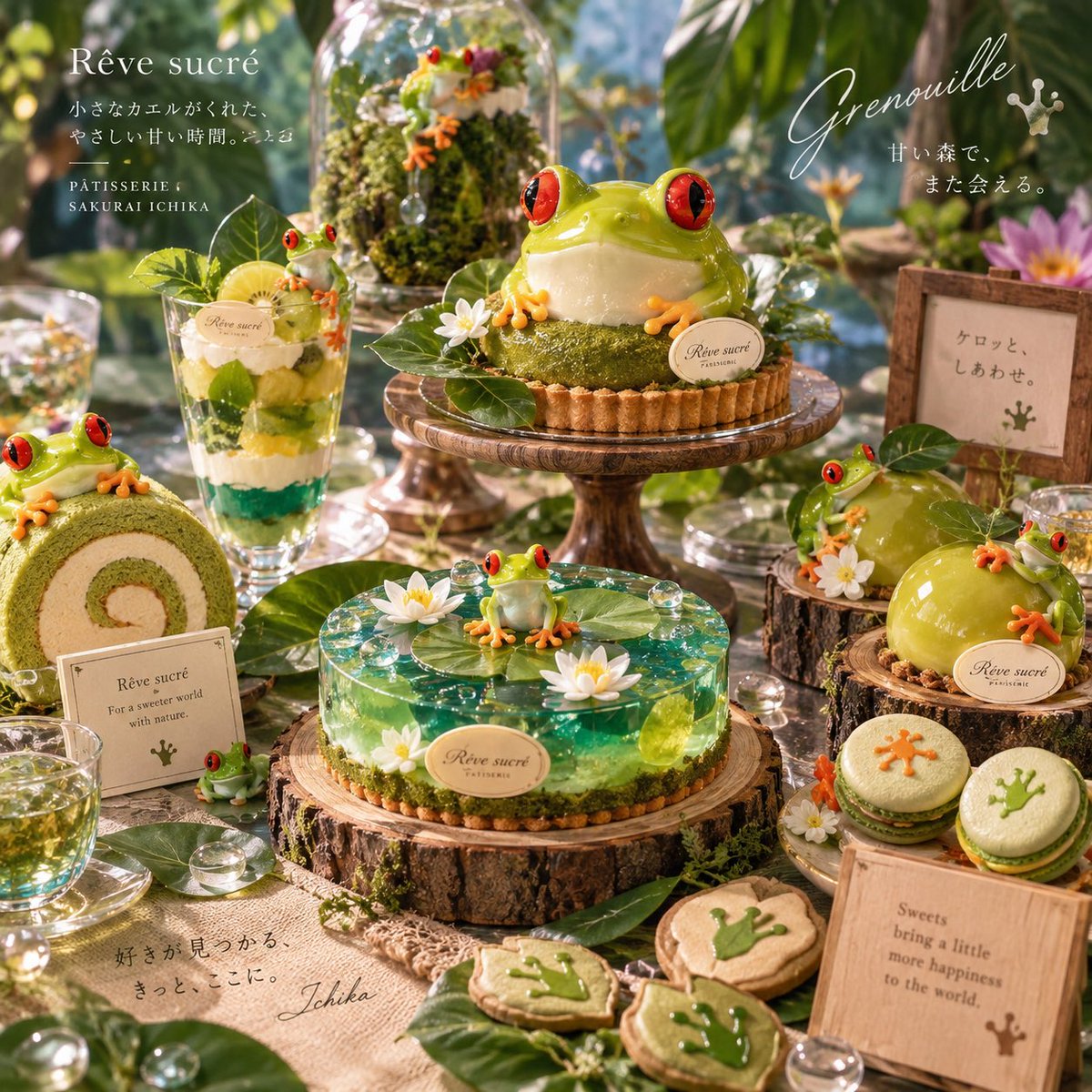 ai_patissiere's tweet photo. アカメアマガエルを、スイーツの世界に連れてきました🐸🌿

赤い瞳、鮮やかな緑、小さなオレンジ色の手足。
森と水辺の世界まで、パティシエのスイーツで表現してみました。

カエル好きのみなさん、どれから食べたいですか？👀✨

#アカメアマガエル #カエル #スイーツ #パティシエ https://t.co/DCgxLeNp8g