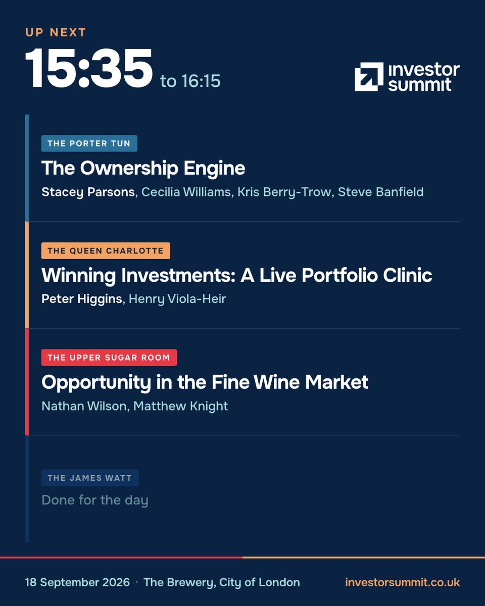 _investorsummit's tweet photo. Up next at 15:35, after the break.

The Porter Tun: The Ownership Engine. Stacey Parsons with Cecilia Williams, Kris Berry-Trow and Steve Banfield.

The Queen Charlotte: Winning Investments, a live portfolio clinic with the Twin Petes Investing podcast, in association with @ShareScope . @conkers3 and @HTVIOLA.

The Upper Sugar Room: Opportunity in the fine wine market. Nathan Wilson and Matthew Knight of @Moncharm.

The James Watt has finished for the day.

https://t.co/Rbut5gK10O #InvestorSummit2026