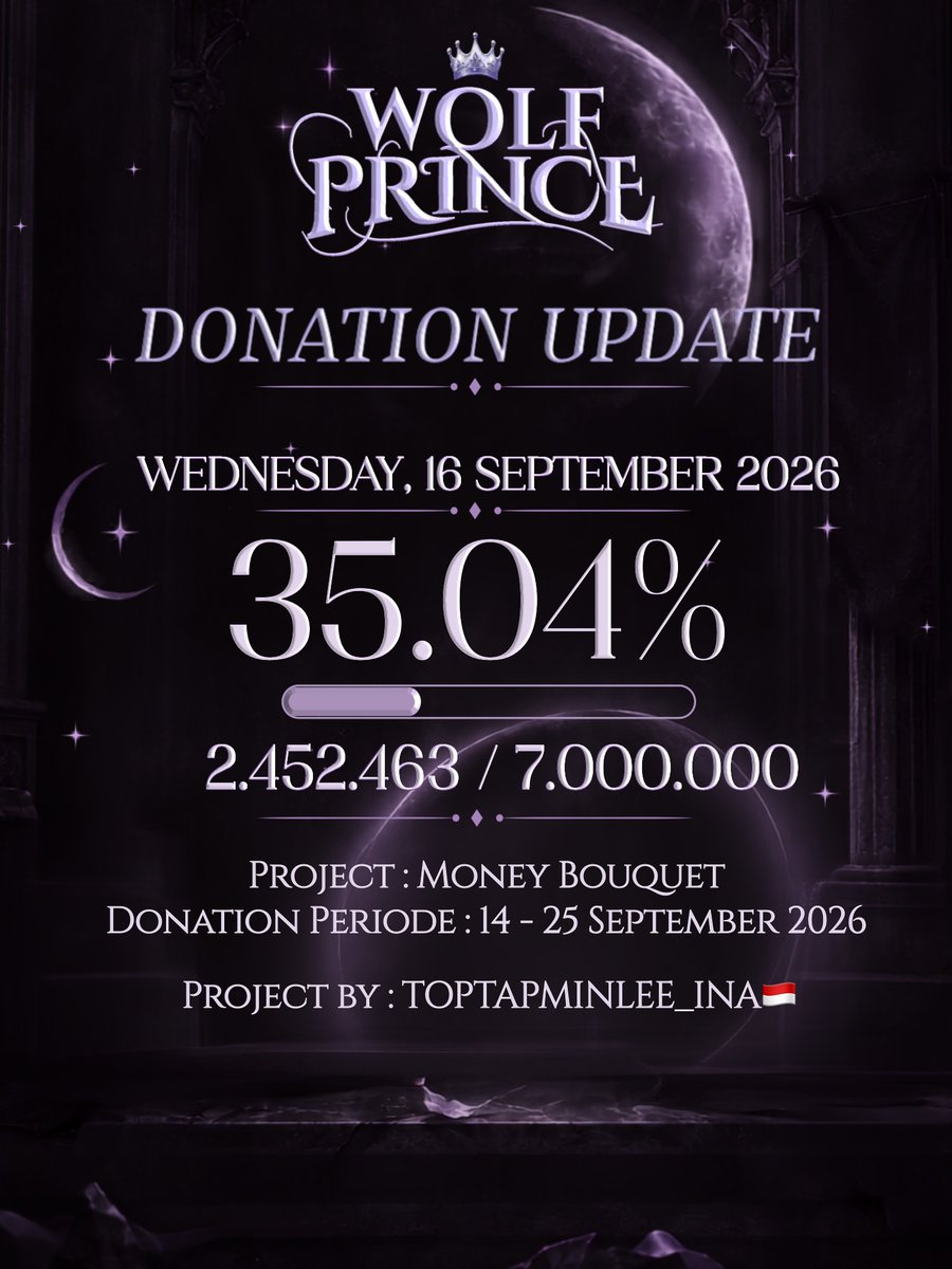 ToptapminleeIna's tweet photo. 𝘋𝘰𝘯𝘢𝘵𝘪𝘰𝘯 𝘜𝘱𝘥𝘢𝘵𝘦

🐺💜 𝗪𝗢𝗟𝗙 𝗣𝗥𝗜𝗡𝗖𝗘 — 𝗧𝗢𝗣𝗧𝗔𝗣 𝗕𝗜𝗥𝗧𝗛𝗗𝗔𝗬 𝗣𝗥𝗢𝗝𝗘𝗖𝗧 𝟮𝟬𝟮𝟲

Project by: @ToptapminleeIna

📅 16 September 2026, [17:18]

Kami masih menuju target Nih Vitomins!🤗💜

Bagi yang belum ikut berdonasi, yuk jadi bagian dari project spesial untuk ulang tahun Toptap ini. Berapapun nominalnya, kami akan menerima dengan sennag hati🫶🏻

🔗 [https://t.co/t2kXFzHiGS]

Terima kasih banyak untuk setiap dukungan dan kasih sayang yang telah diberikan! 💜🩵

@JARUKiTzX96 #TOPTAPjarukit #Vitomin #Toptapminlee