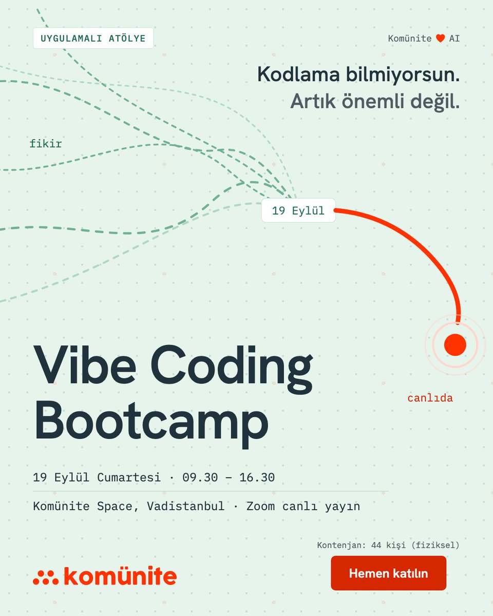 komunitecomtr's tweet photo. Üç gün kaldı. Vibe Coding Bootcamp · 19 Eylül 2026 · Cumartesi
Akşam elinde: Canlı ürün (kendi GitHub deponda, Vercel’de yayında), SPEC.md, CLAUDE.md, design.md ve kişisel bir otomasyon
https://t.co/s5gRRnSnDa https://t.co/MMvdBYujG7