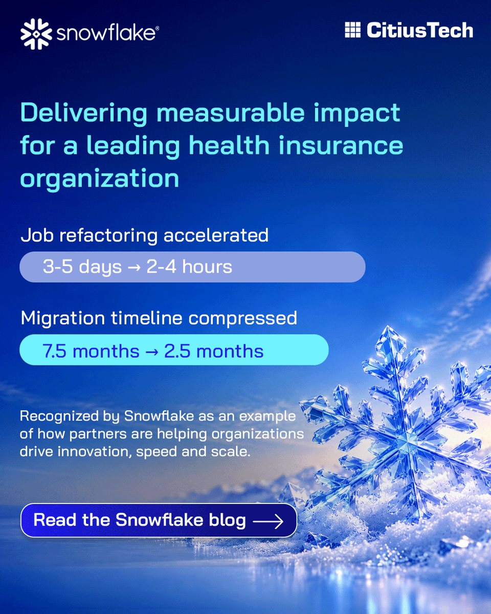 CitiusTech's tweet photo. Enterprise AI delivers value when trusted data &amp; strong partnerships come together.

Snowflake’s latest Partner Network spotlight features how CitiusTech &amp; Snowflake CoCo helped accelerate healthcare modernization.

Read more: https://t.co/onhTx1KQTZ

#CitiusTech #Snowflake https://t.co/K1XOLTw1bh