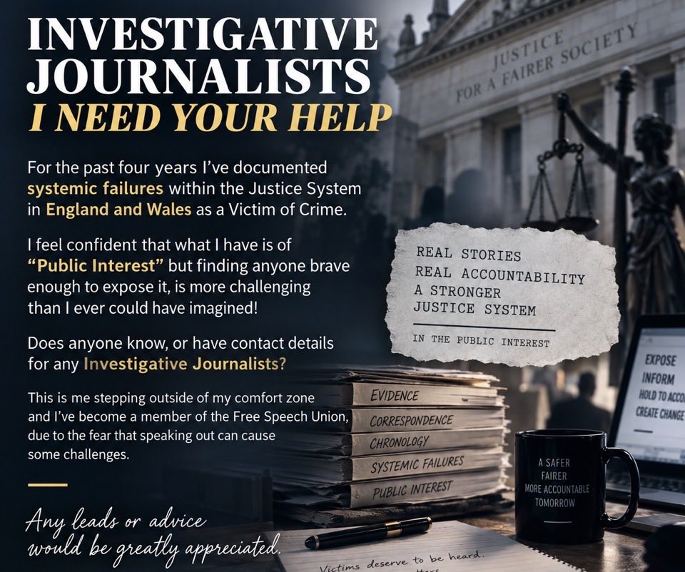 Sjrossiter73's tweet photo. @X @elonmusk 
For the past four years I’ve documented systemic failures within the Justice System England and Wales. 

What I have is of “Public Interest” but finding anyone brave enough to question the establishment impossible!

Can anyone help?
 
@SpeechUnion https://t.co/eEkaB5jmz1