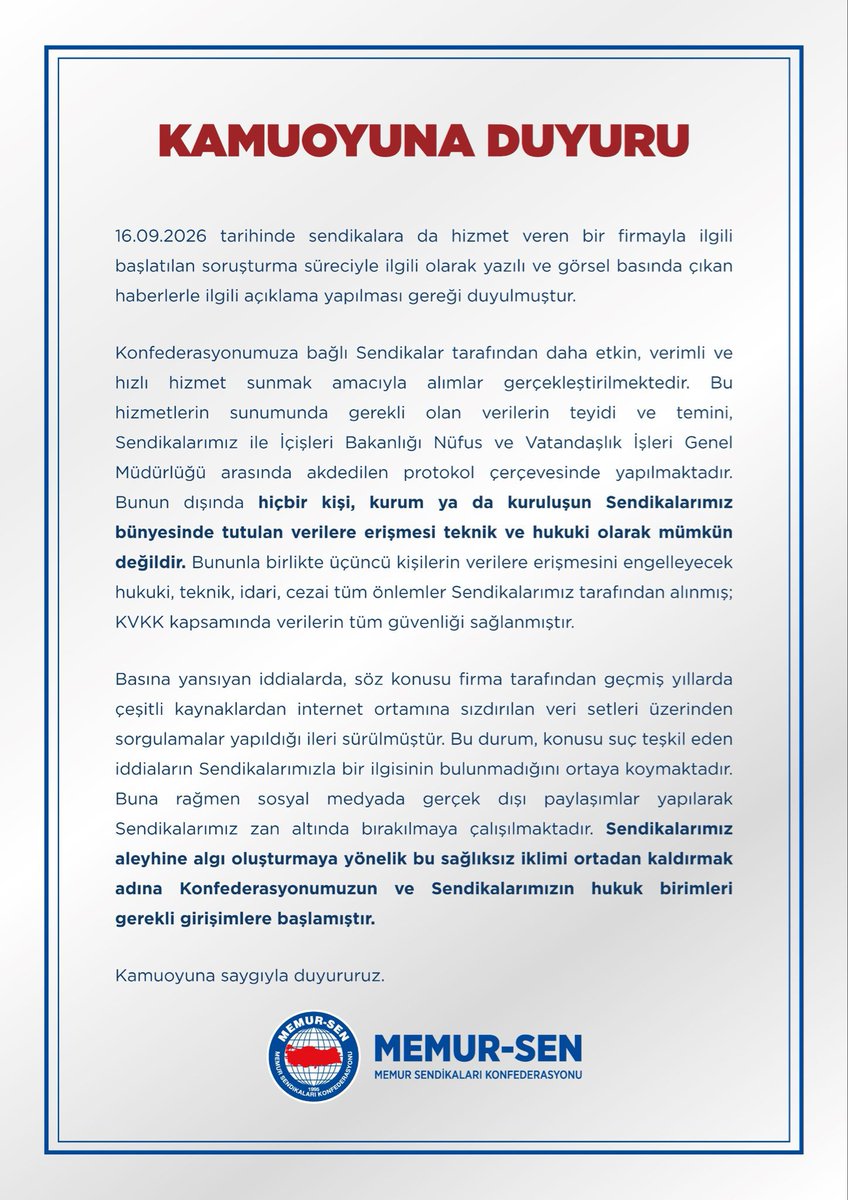 Enerji1sen's tweet photo. Kamuoyuna Duyuru

Yazılım tedarikçisi bir firmayla ilgili yürütülen soruşturma sürecine ilişkin basın ve sosyal medyada yer alan iddiaların kamuoyunda yanlış anlaşılmalara yol açmaması ve doğru bilgilendirmenin sağlanması amacıyla aşağıdaki açıklamanın yapılması gerekli görülmüştür.