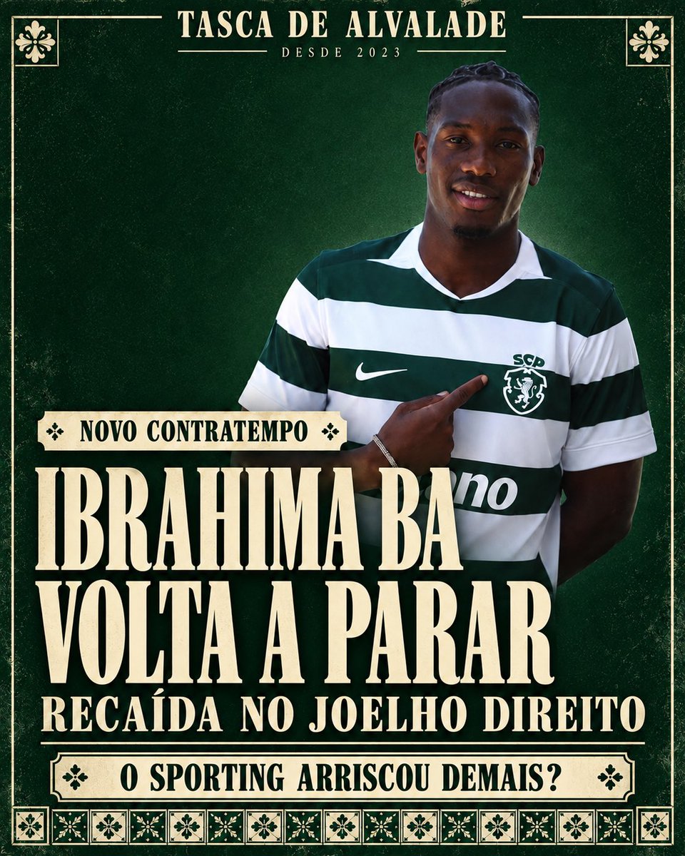 TascaDeAlvalade's tweet photo. 🚨 Ibrahima Ba voltou a parar devido a uma recaída no joelho direito.

O regresso está apontado para depois da próxima pausa para as seleções, dependendo da evolução clínica.

O Sporting conhecia o historial e investiu cerca de 20 M€. Risco calculado ou arriscou demasiado? 👇 https://t.co/8G5PtH6Bvd