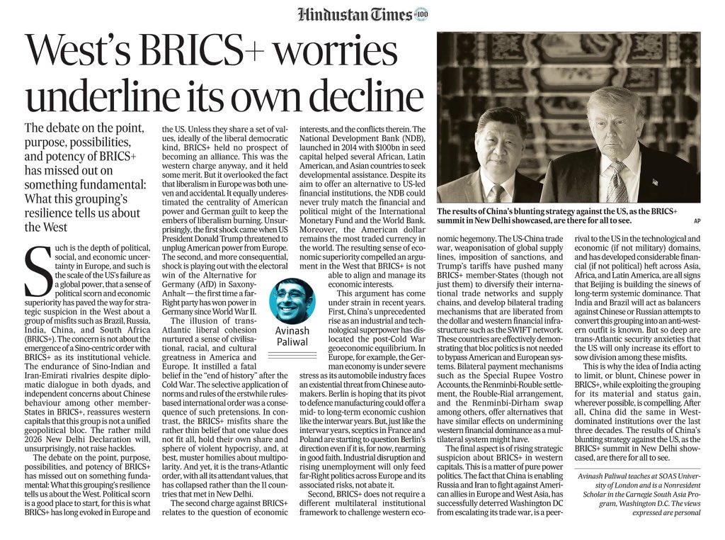 kumarhari_s's tweet photo. “It is the trans-Atlantic order, with all its attendant values, that has collapsed rather than the 11 countries that met in New Delhi.” Prof @PaliwalAvi highlights sharply what the BRICS+ tells about the West and their collective insecurity than just the grouping itself. Read👇🏻 https://t.co/5B2j6bF68r