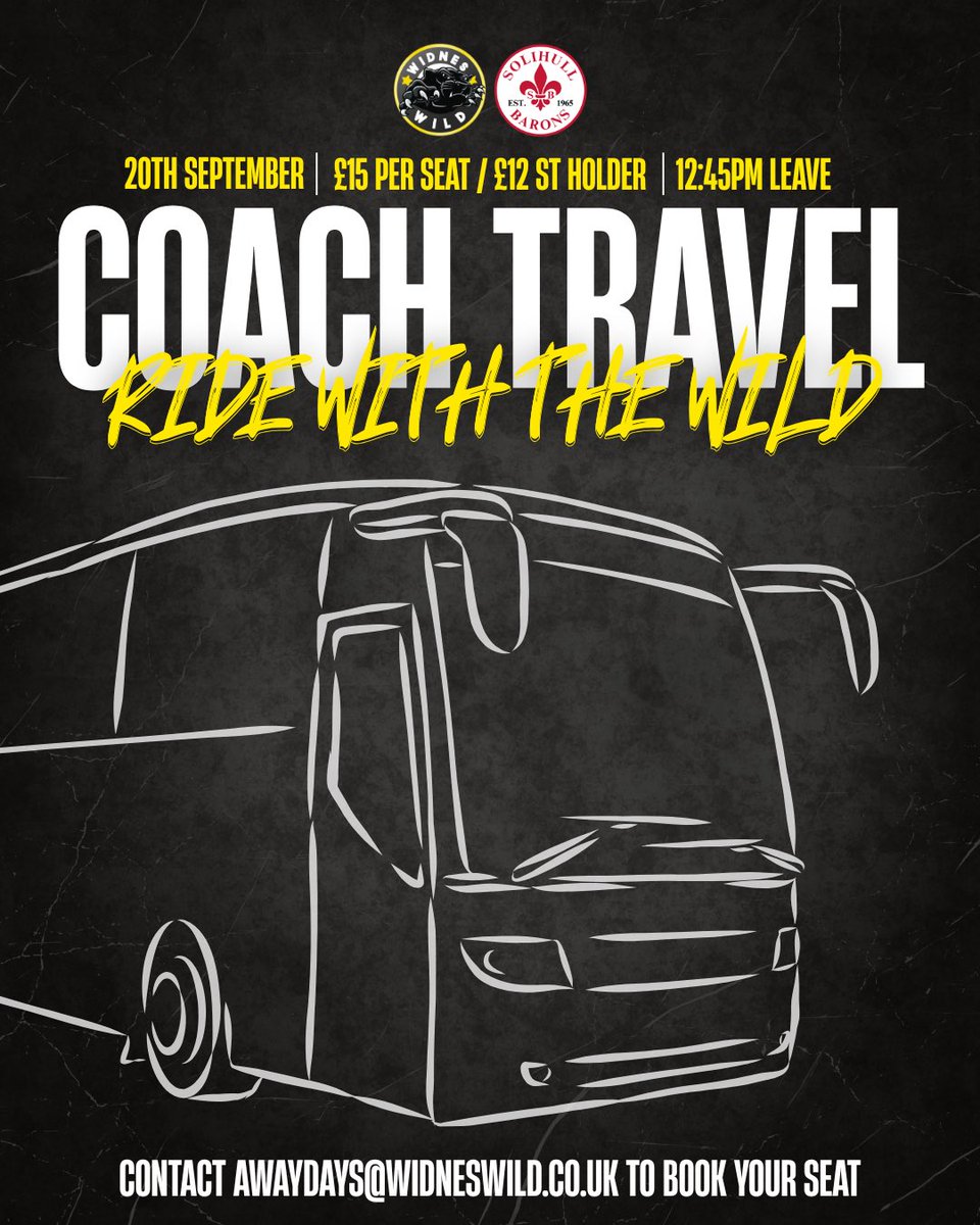 WidnesWild's tweet photo. 𝗥𝗜𝗗𝗘 𝗪𝗜𝗧𝗛 𝗧𝗛𝗘 𝗪𝗜𝗟𝗗! 🚌

This Sunday, we complete a weekend of double road trips as the Wild head to Solihull to take on the Barons! 🙌

🚌 12:45pm departure from Planet Ice Widnes
💷 £15 per seat
🎫 £12 for Season Ticket Holders

📧 | awaydays@widneswild.co.uk https://t.co/MkGNtWEgoe