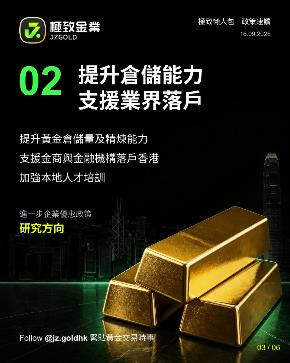 jz_gold's tweet photo. 🏙️ 香港政府以黃金為切入點！五年規劃如何布局大宗商品市場？

2026 年施政報告及香港首份五年規劃提出，以黃金為切入點，構建大宗商品交易生態圈，支援更多金商與金融機構落戶香港，長遠對標國際主要黃金交易中心。

👉 今次有哪些重點值得留���？滑動圖片，一次看清 5 大發展方向。

（留言續） https://t.co/vhnAT6xGRR