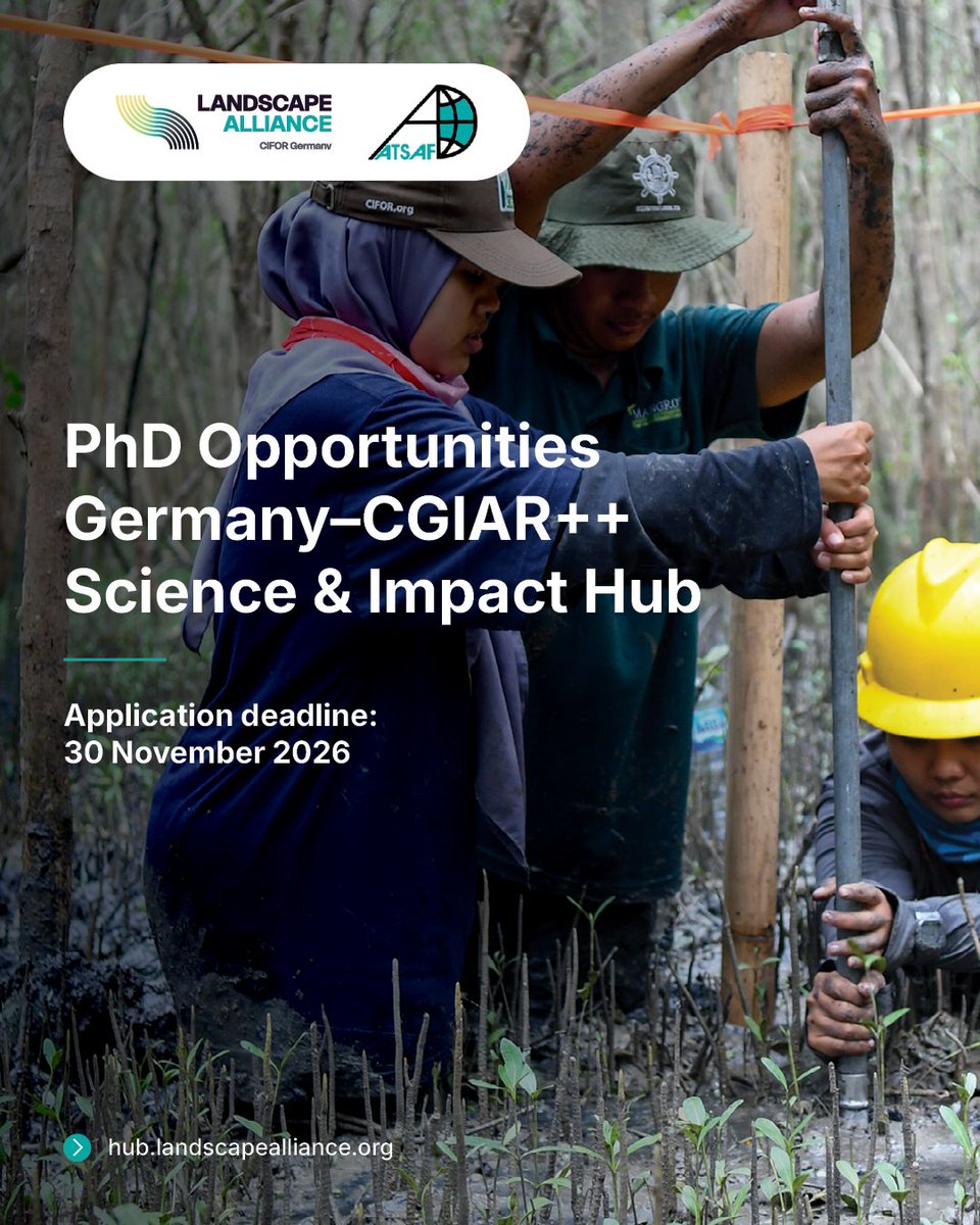 TheLandAlliance's tweet photo. 📣 Applications are open for the 2026 PhD Scholarships!

The Germany–@CGIAR++ Science and Impact Hub will support 10 PhD candidates researching food, land and water systems.

📅 Apply by 30 November 2026
🔗: https://t.co/LKOd2VPLzR

#PhDScholarship #Landscapes4Life @BMZ_Bund https://t.co/hGaLnMWXbY
